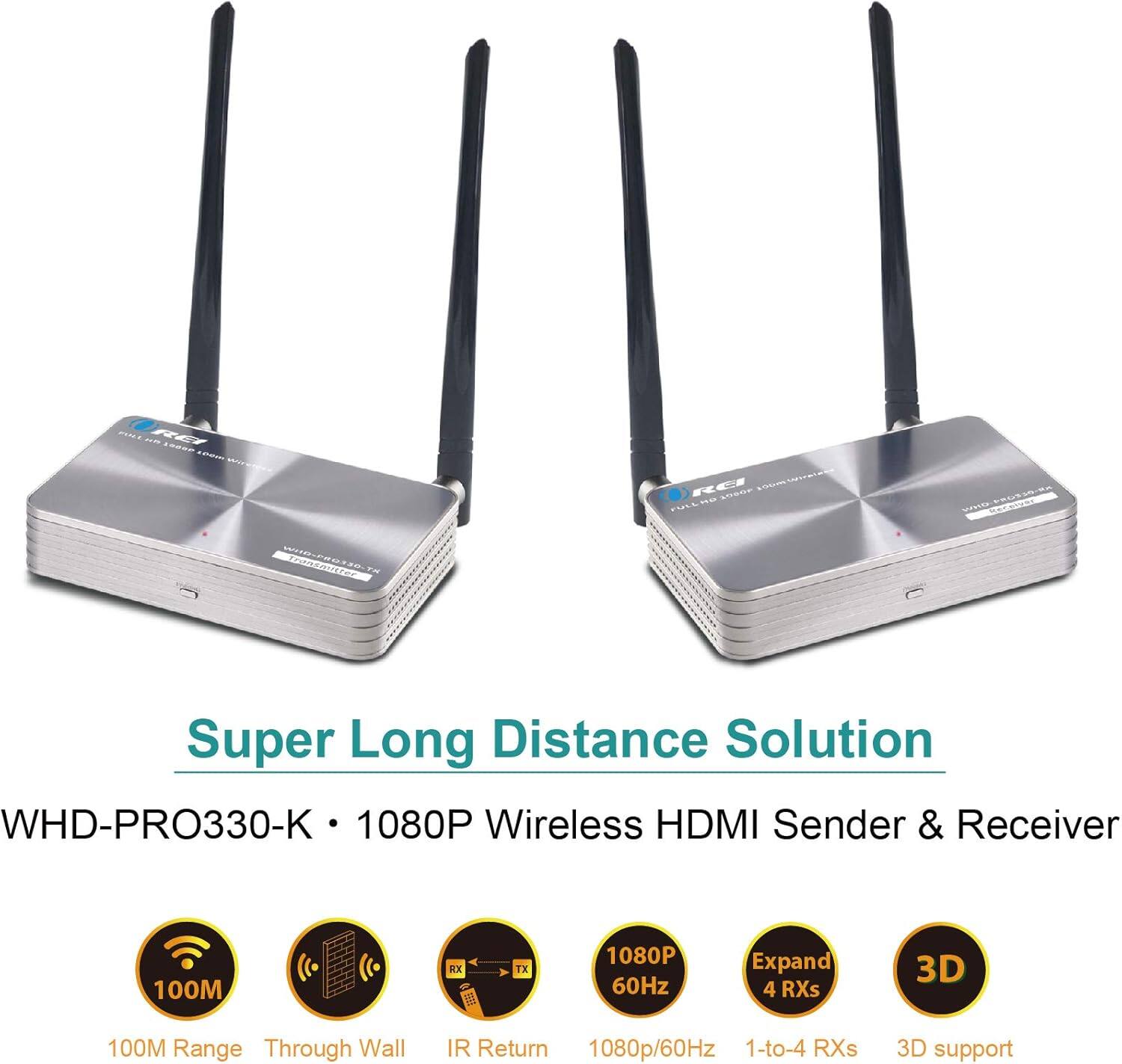 Super Long Distance Solution WHD-PRO330-K 1080P Wireless HDMI Sender & Receiver 100M Range Through Wall IR Return 1080p/60Hz 1-to-4 RXs 3D support Expand 4 RXs
