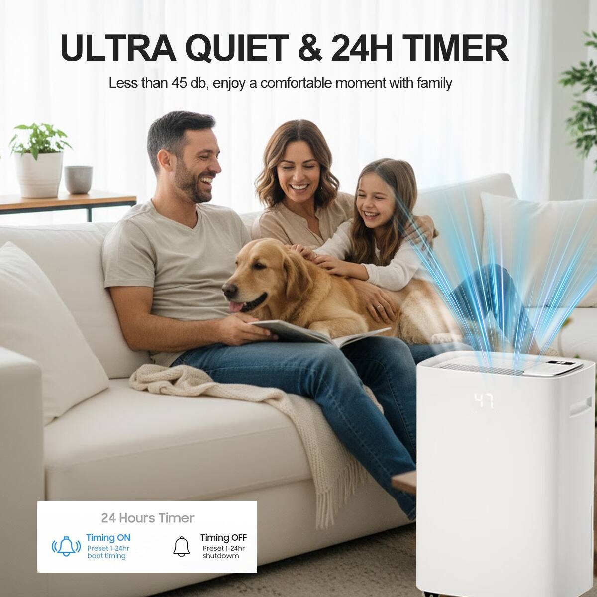 ULTRA QUIET & 24H TIMER  
Less than 45 db, enjoy a comfortable moment with family  

24 Hours Timer  
Timing ON  
Preset 1-24hr boot timing  
Timing OFF  
Preset 1-24hr shutdown