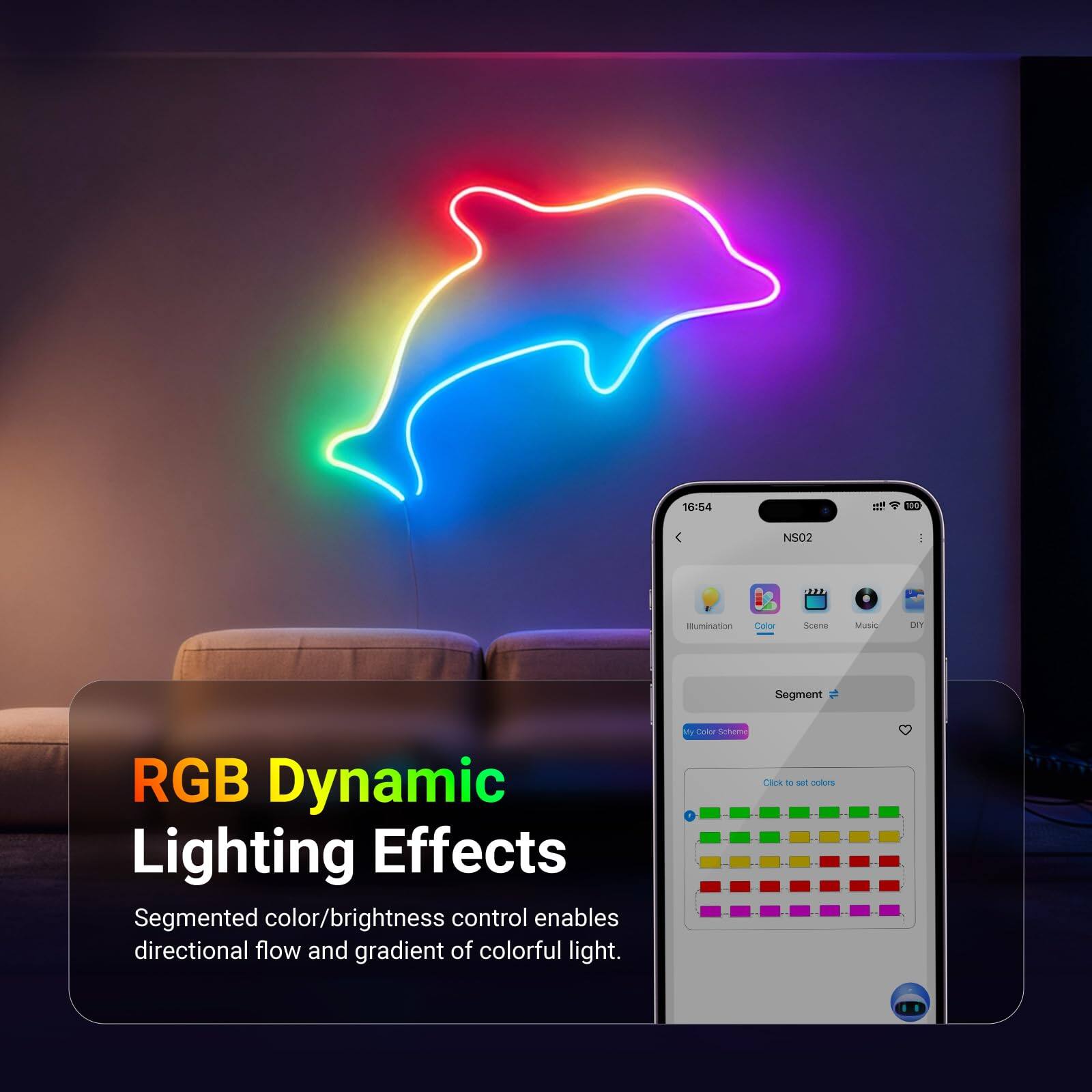 16:54 T 18 N502  
RGB Dynamic Lighting Effects  
Segmented color/brightness control enables directional flow and gradient of colorful light.  
my Ta Scher Crk t - colors