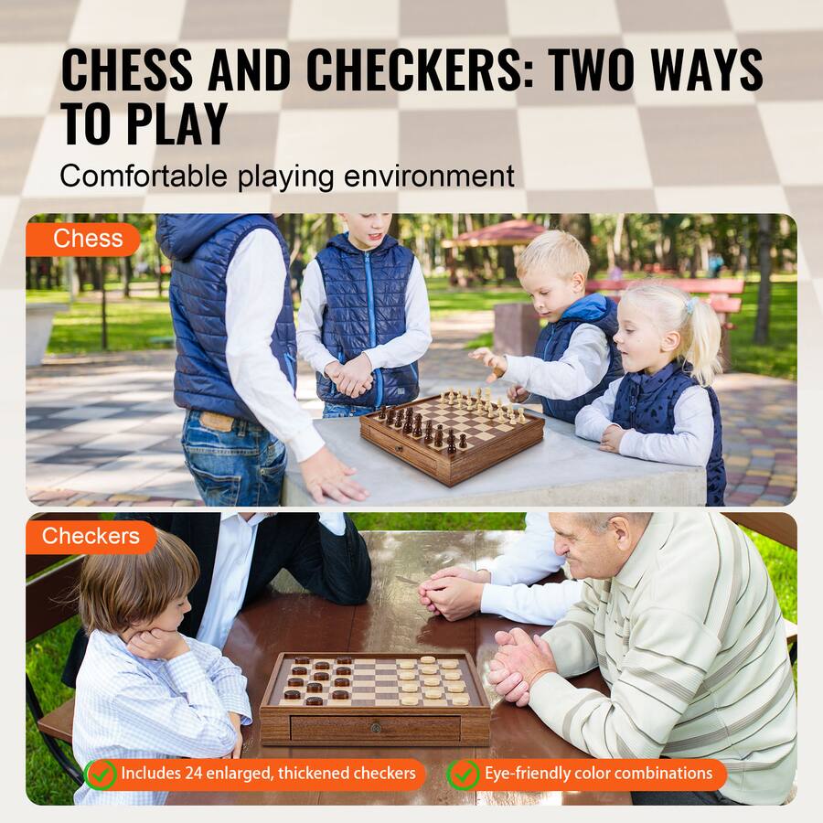 VEVOR Solid Wood Chess Set, 15 inch 2 IN 1 Chess Checkers Game Set ...
