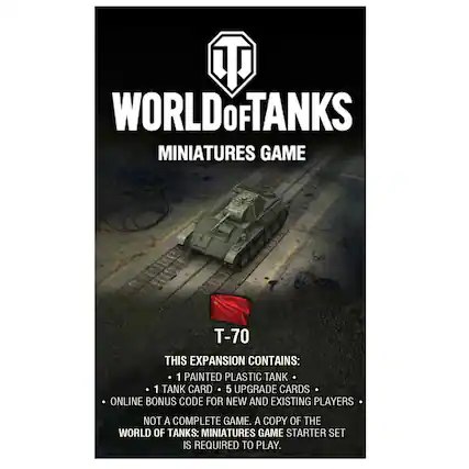 World of Tanks Miniatures Game T-70 This expansion contains: 1 painted plastic tank 1 tank card 5 upgrade cards Online bonus code for new and existing players Not a complete game. A copy of the World of Tanks: Miniatures Game Starter Set is required to play.