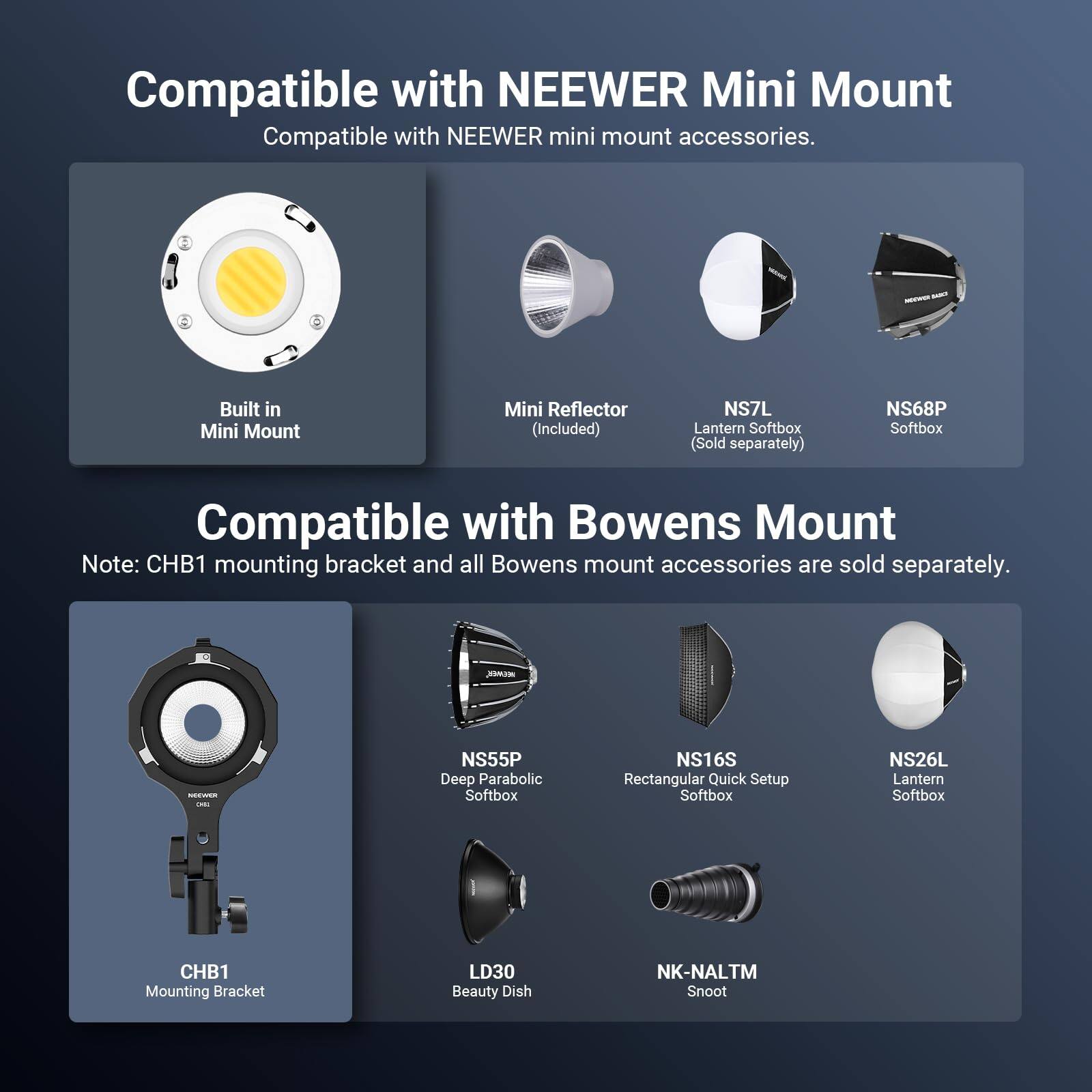 Compatible with NEENER Mini Mount  
Compatible with NEENER mini mount accessories.  
Built in Mini Mount (Included)  
Mini Reflector (Included)  
NS7L Lantern Softbox (Sold separately)  
NS68P Softbox  

Compatible with Bowens Mount  
Note: CHB1 mounting bracket and all Bowens mount accessories are sold separately.  
CHB1 Mounting Bracket  
NS55P Deep Parabolic Softbox  
NS16S Rectangular Quick Setup Softbox  
NS26L Lantern Softbox  
LD30 Beauty Dish  
NK-NALTM Snoot