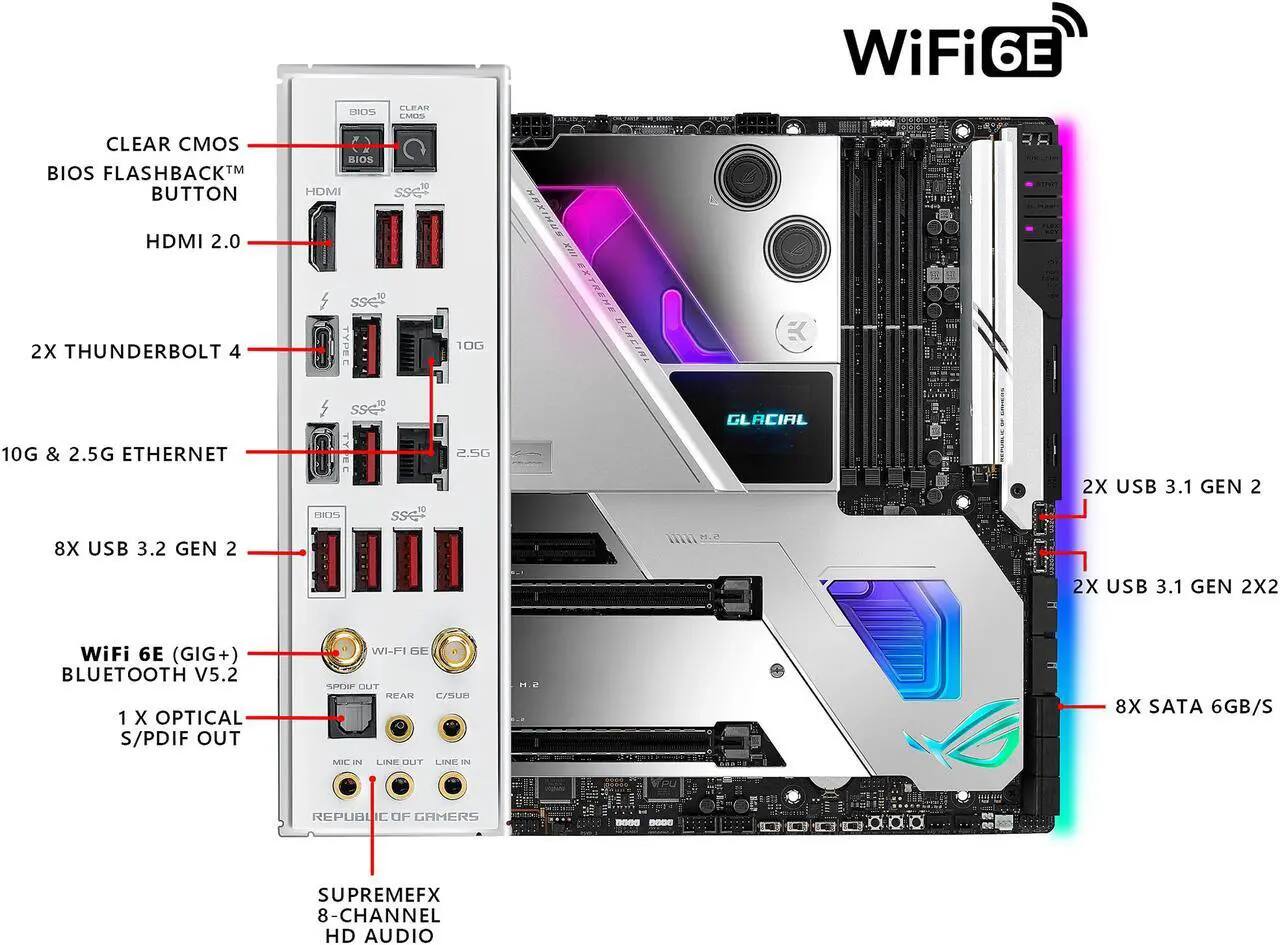 - WiFi 6E
- CLEAR CMOS
- BIOS FLASHBACK BUTTON
- HDMI 2.0
- 2X THUNDERBOLT 4
- 10G & 2.5G ETHERNET
- 8X USB 3.2 GEN 2
- 2X USB 3.1 GEN 2
- WiFi 6E (GIG+)
- BLUETOOTH V5.2
- 1 X OPTICAL S/PDIF OUT
- 2X USB 3.1 GEN 2X2
- 8X SATA 6GB/S
- SUPREMEFX 8-CHANNEL HD AUDIO