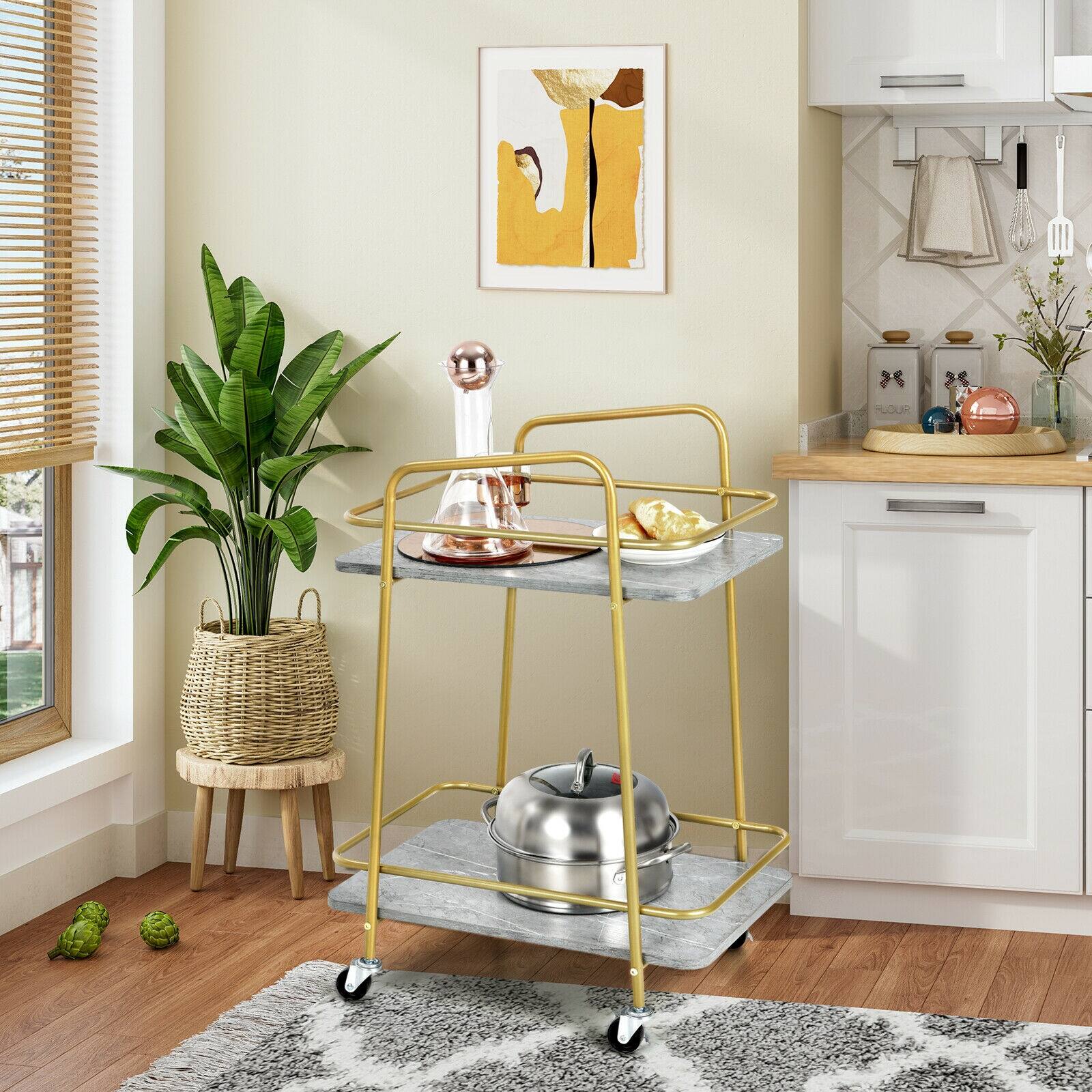 Alt View 4. SlickBlue - Kitchen Utility Cart with 2 Tiers, Steel Frame, and Locking Wheels - Grey, Gold.