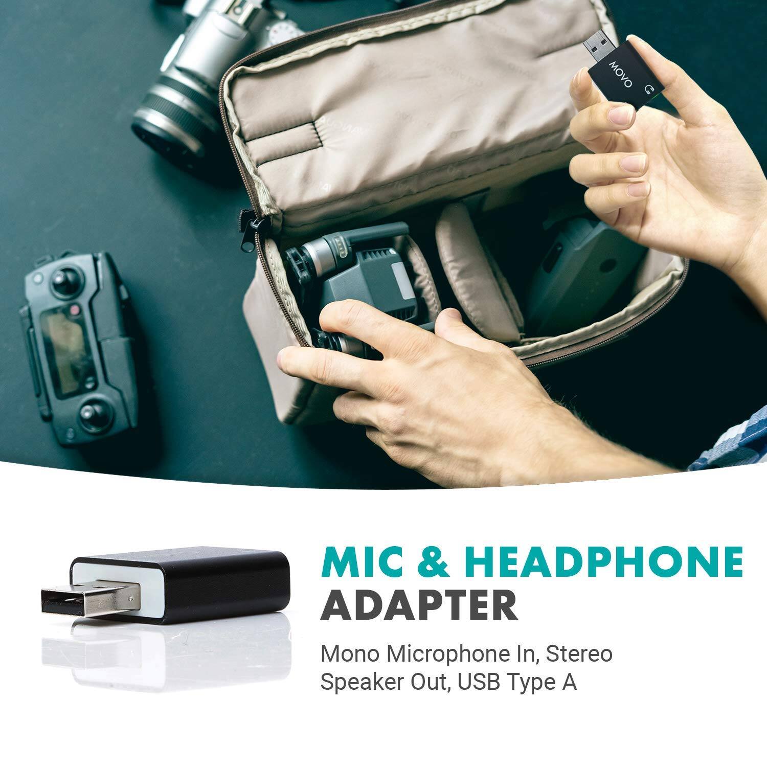 MIC & HEADPHONE ADAPTER  
Mono Microphone In, Stereo Speaker Out, USB Type A