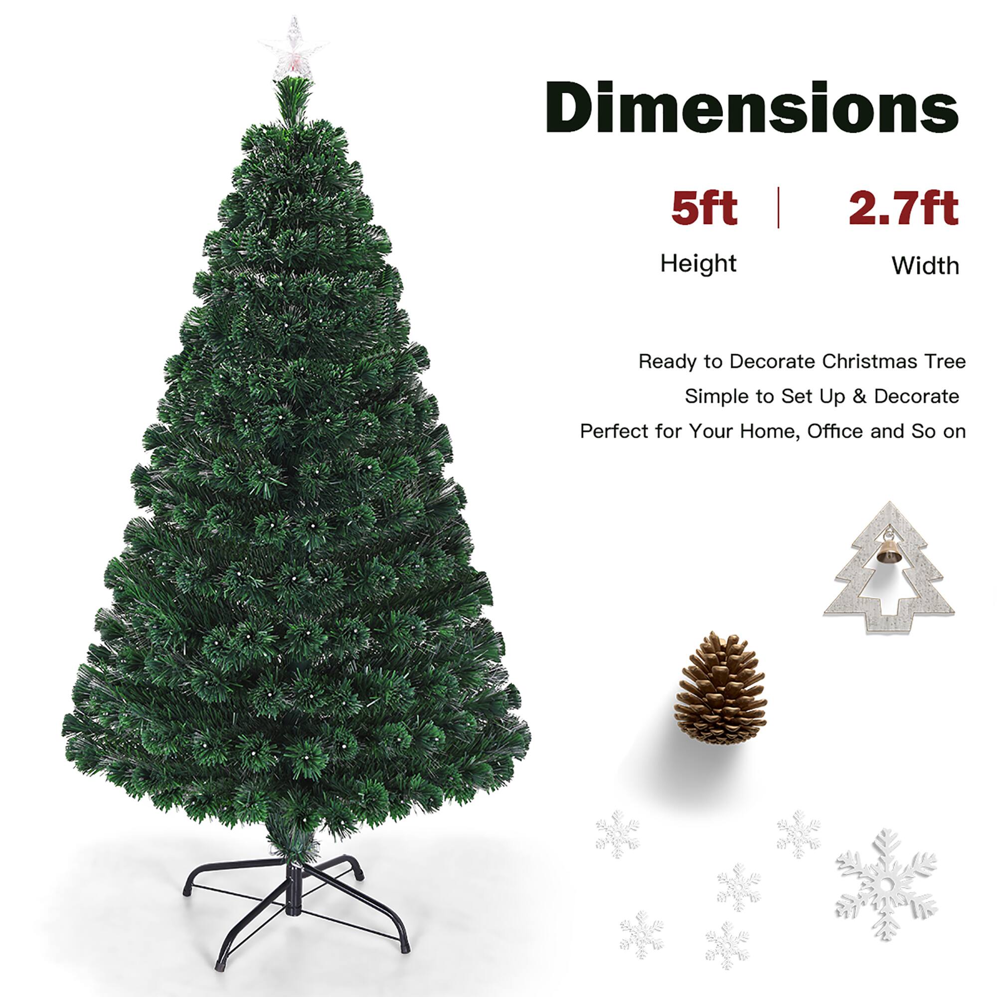 Dimensions: 5ft Height | 2.7ft Width. Ready to Decorate Christmas Tree. Simple to Set Up & Decorate. Perfect for Your Home, Office and So On.