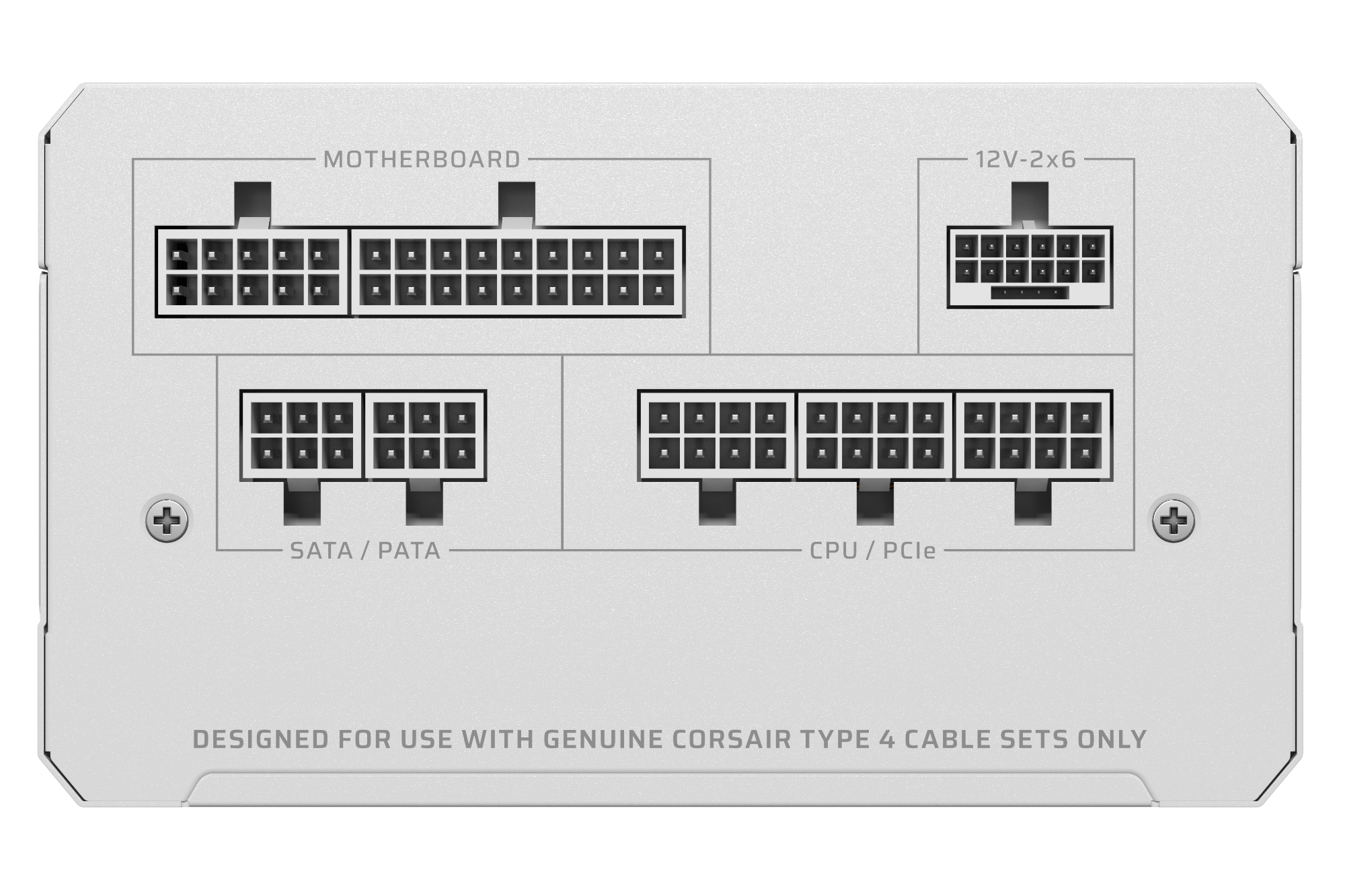 The text on the image is a diagram of a motherboard with various ports and connectors. The text reads:

"MOTHERBOARD 12V-2x6 . . - . . - -  . . . . . . A  A A . . A . . . . . . . . . . . . . . . . . . . . - . . . . . . . . . . . . . . . . . . . . . . + SATA A/PATA / CPU PU/ PCle / + DESIGNED FOR USE WITH GENUINE CORSAIR TYPE 4 CABLE SETS ONLY"

This text describes the features of the motherboard, including the 12V-2x6 power supply, SATA and PATA ports, CPU power and PCIe connectors, and the requirement for genuine Corsair Type 4 cable sets.