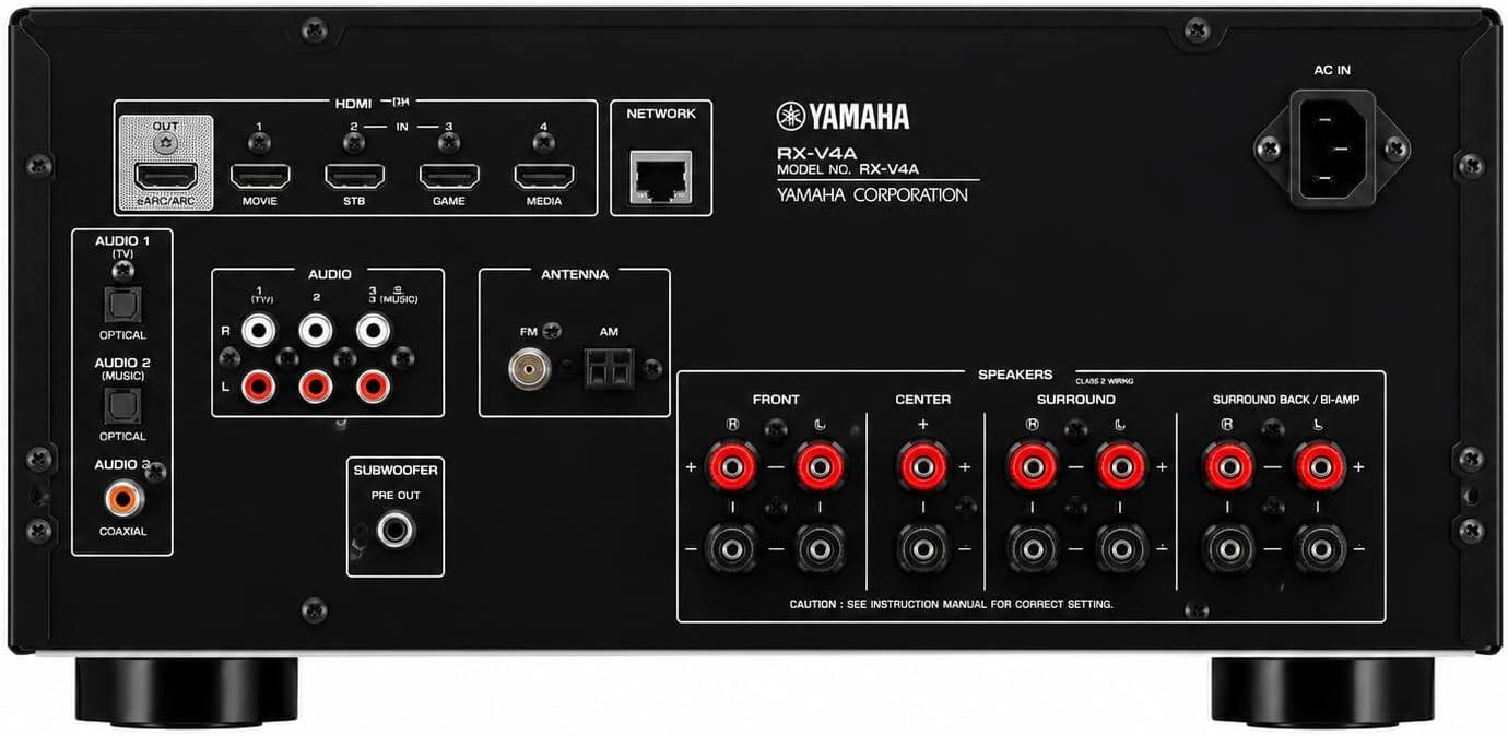 AC IN  
eARC/ARC  
HDMI 2  
STB  
GAME  
4  
MEDIA  
NETWORK  
YAMAHA RX-V4A  
MODEL NO. RX-V4A  
YAMAHA CORPORATION  
AUDIO 1 (TV)  
AUDIO 2 (MUSIC)  
ANTENNA  
OPTICAL  
FM AM  
AUDIO 2 (MUSIC)  
L  
FRONT SPEAKERS  
CLASS 2  
WIRING  
CENTER  
SURROUND  
SURROUND BACK / BI-AMP  
OPTICAL  
R  
L  
+  
-  
+  
-  
+  
+  
SUBWOOFER  
PRE OUT  
COAXIAL  
CAUTION: SEE INSTRUCTION MANUAL FOR CORRECT SETTING.