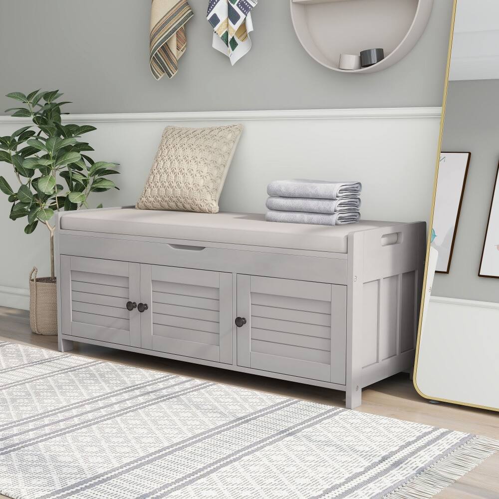 Alt View 9. Ropilly - Ropilly Gray Wash Storage Bench with Shutter Doors Removable Cushion and Hidden Storage Entryway Shoe Bench - Gray Wash.
