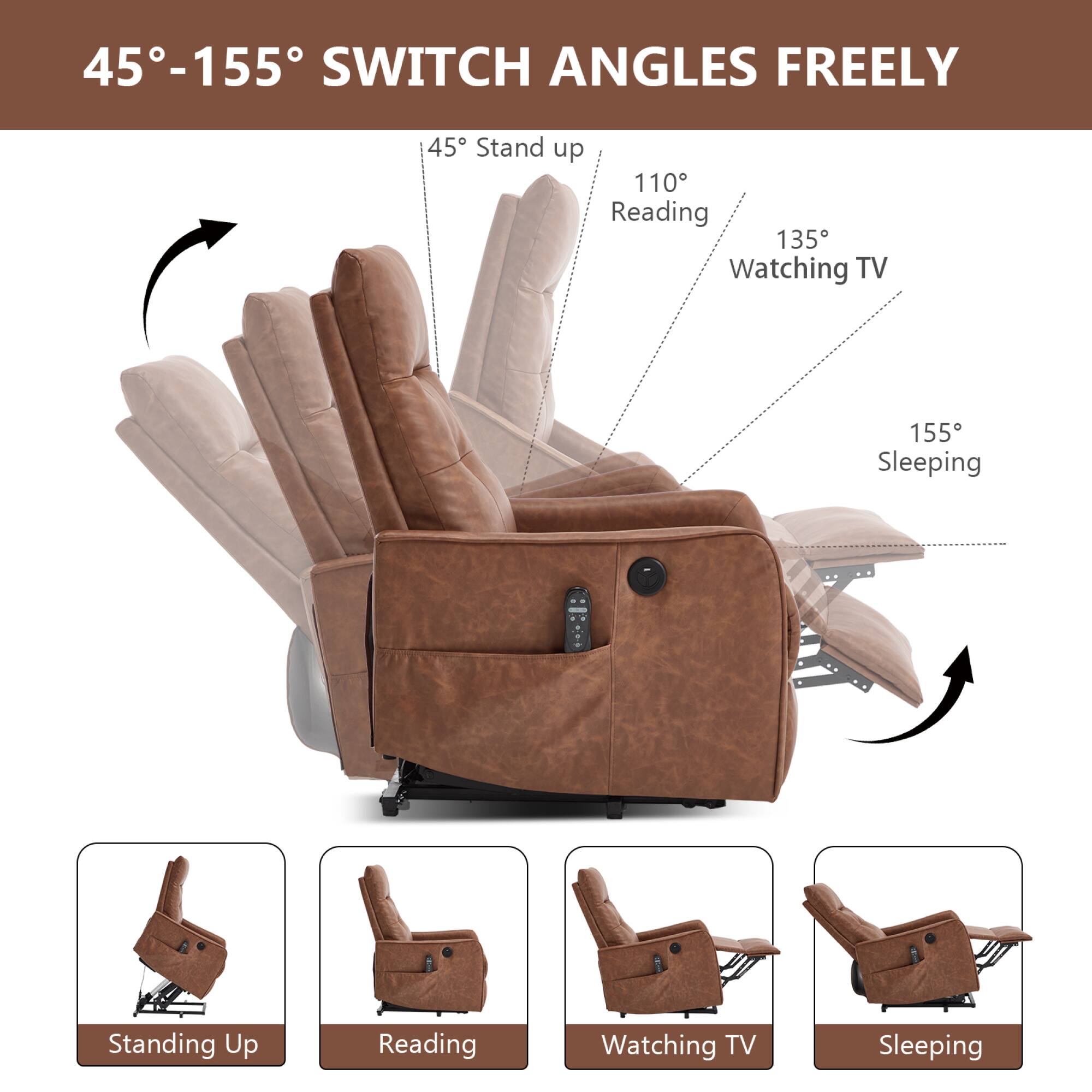 45°-155° SWITCH ANGLES FREELY

45° Stand up  
110° Reading  
135° Watching TV  
155° Sleeping  

Standing Up  
Reading  
Watching TV  
Sleeping