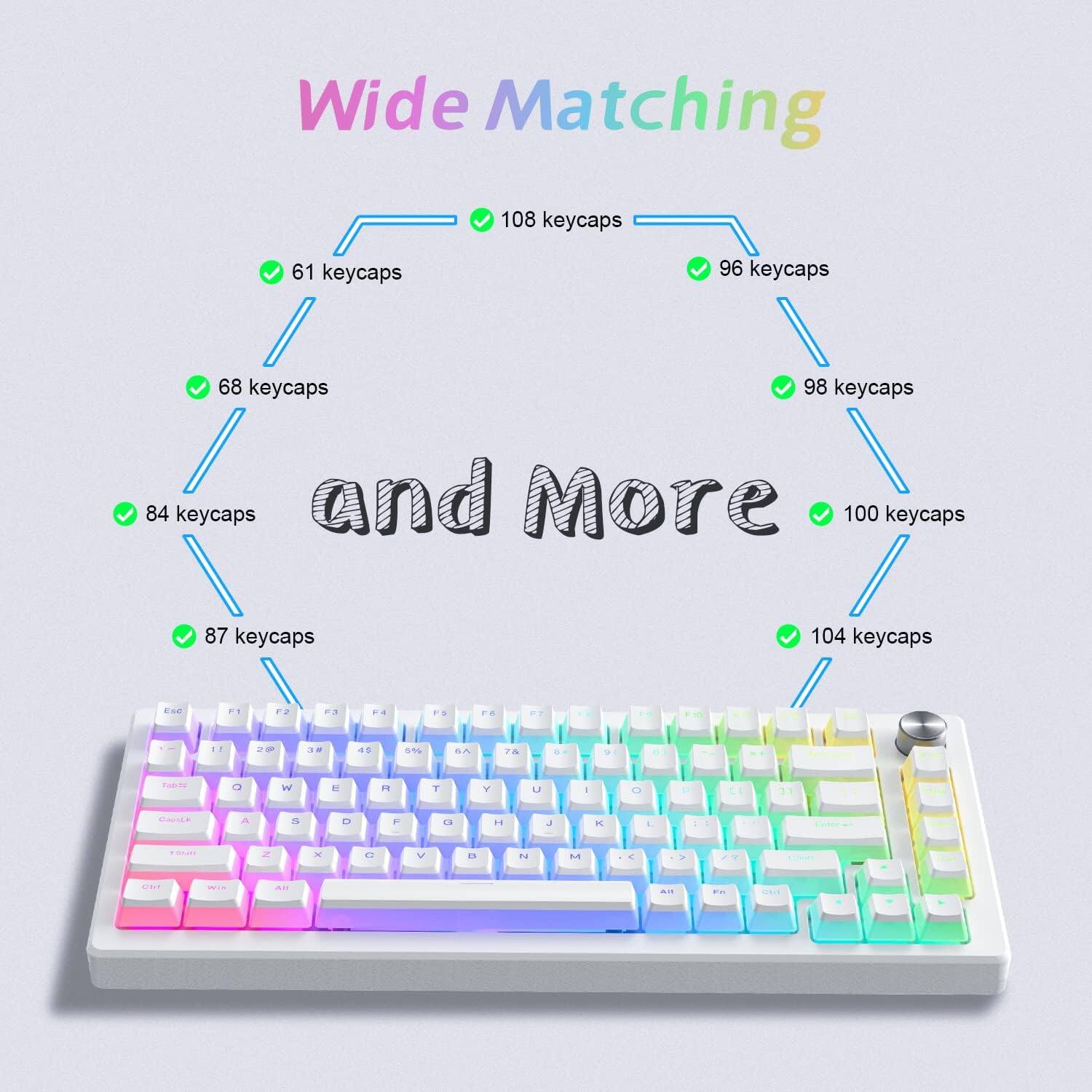 Wide Matching  
61 keycaps  
68 keycaps  
84 keycaps  
87 keycaps  
96 keycaps  
98 keycaps  
100 keycaps  
104 keycaps  
108 keycaps  
and More