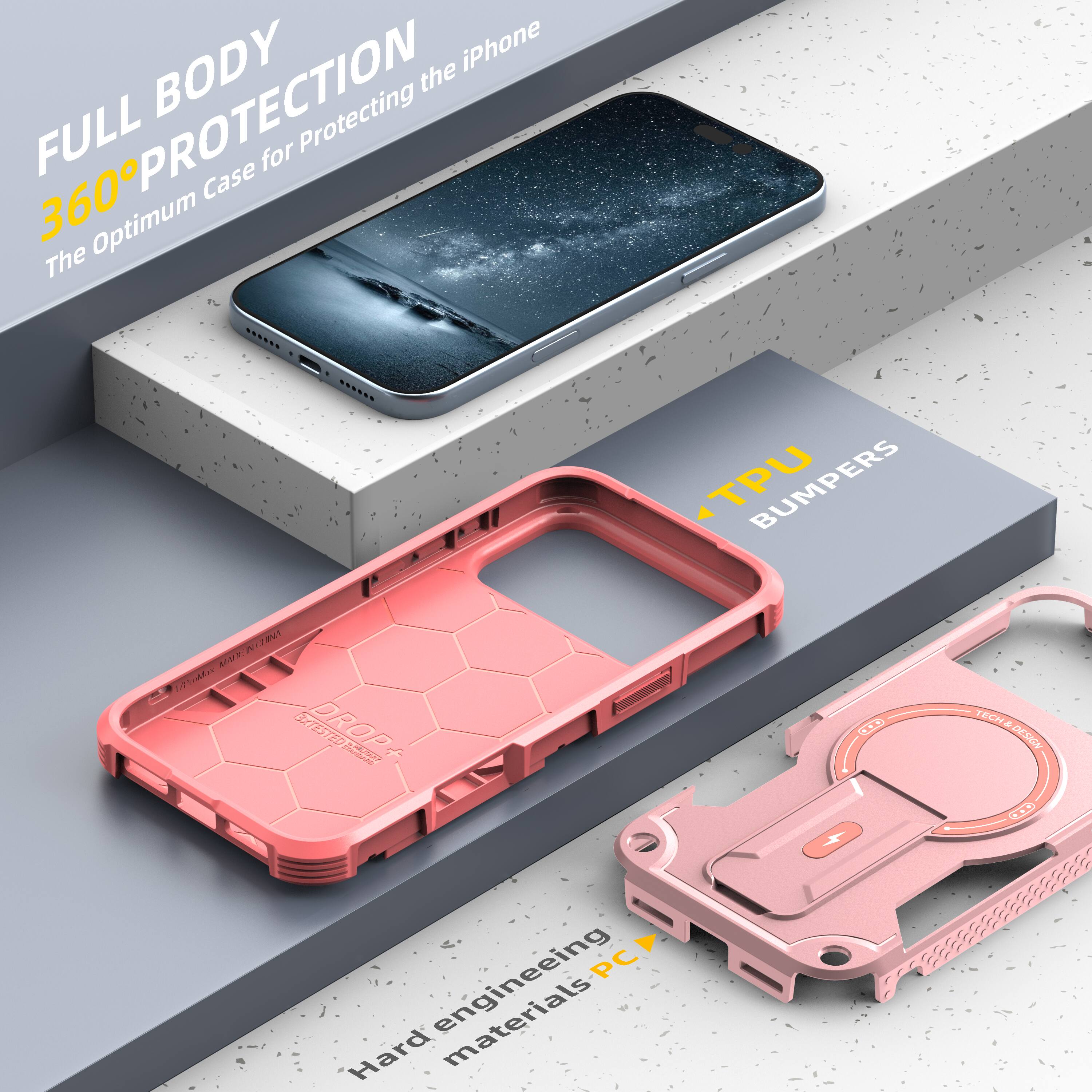 FULL BODY 360° PROTECTION  
The Optimum Case for Protecting the iPhone  

TPU BUMPERS  

Hard engineering materials PC