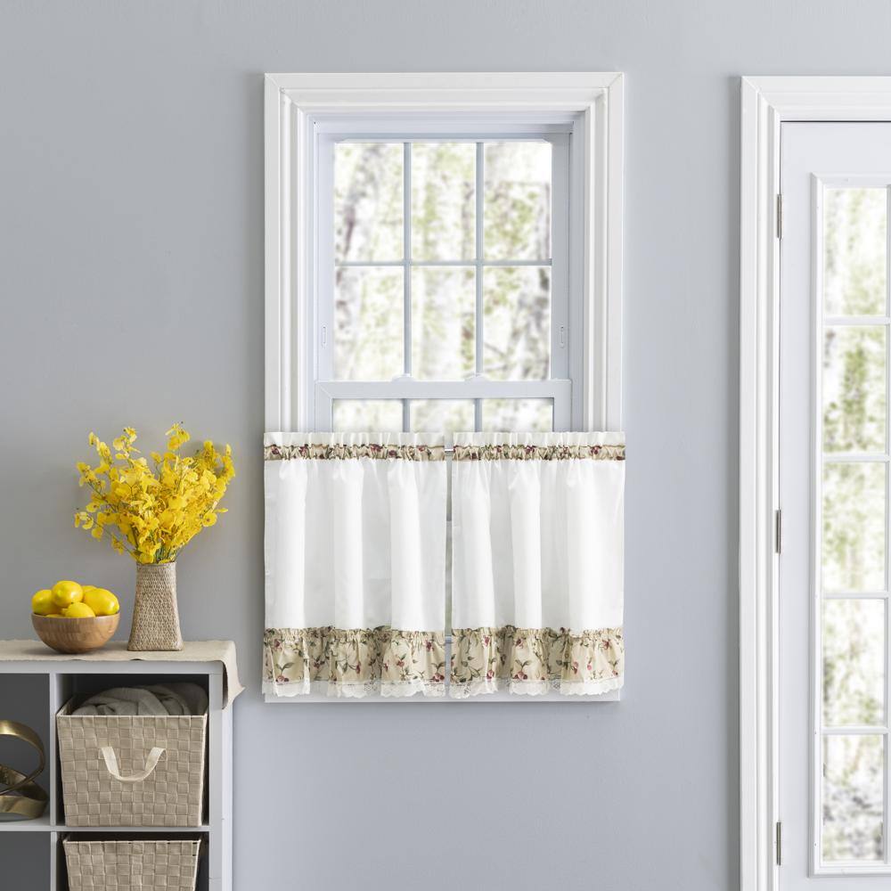 Angle. Ellis Curtain - Ellis Curtain Cherries Ruffled 1.5" Rod Pocket Window Curtain Tiers 58"x30" Natural - Natural.