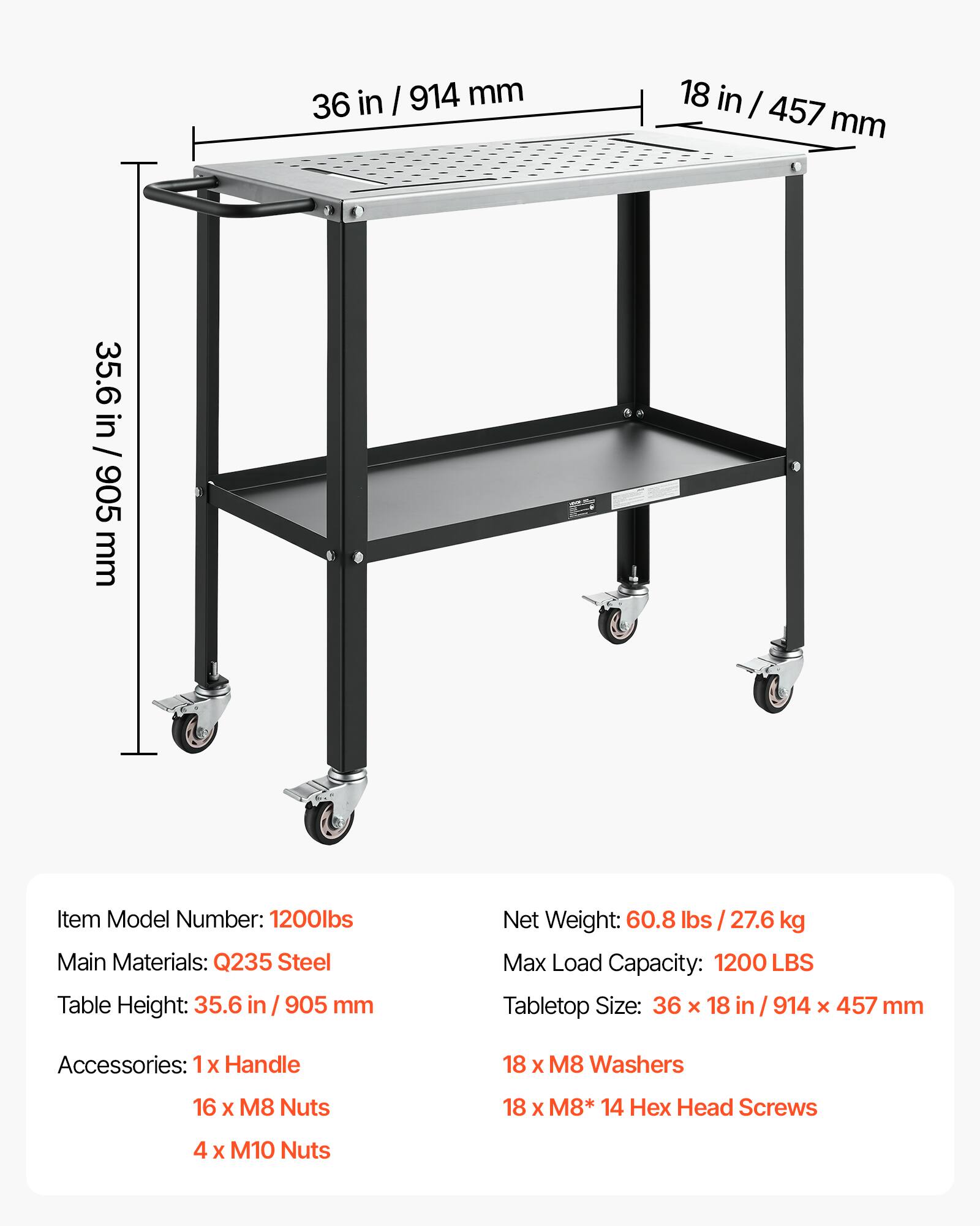 VEVOR Welding Table 36" x 18" Movable Welding Workbench 1200LBS ...