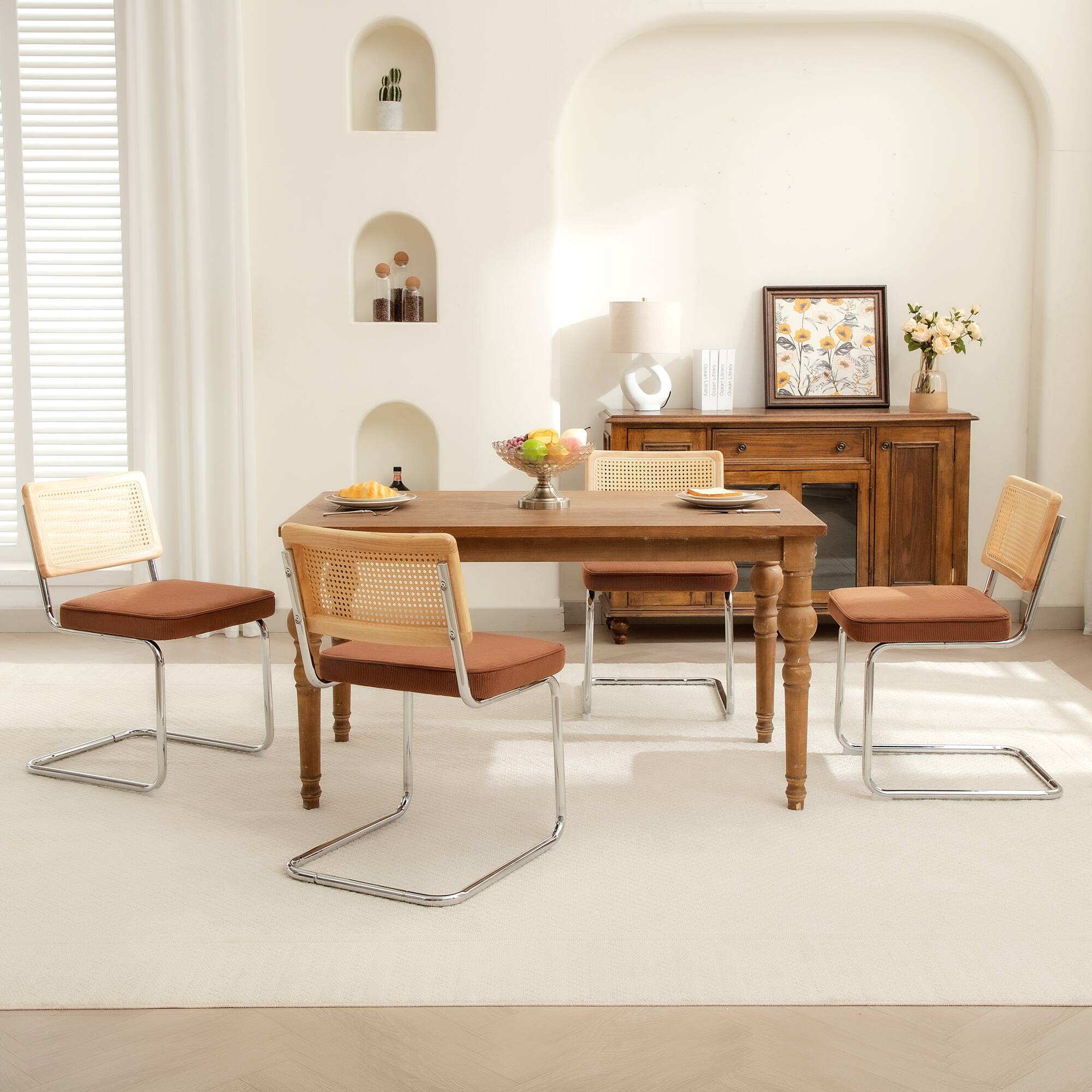 Alt View 6. KERDOM - Rattan Dining Chairs 2 Pcs Set, Corduroy Kitchen Side Chair, Minimalist Cantilever Seat, Farmhouse Wicker Accent Chair - Brown.