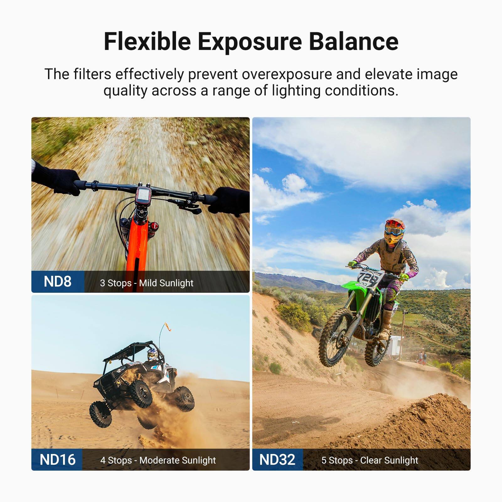 Flexible Exposure Balance

The filters effectively prevent overexposure and elevate image quality across a range of lighting conditions.

ND8  
3 Stops - Mild Sunlight

ND16  
4 Stops - Moderate Sunlight

ND32  
5 Stops - Clear Sunlight