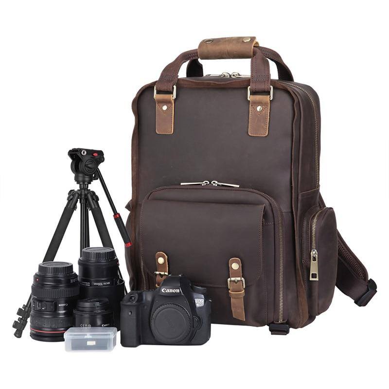 Angle. Steel Horse Leather - The Gaetano | Large Leather Backpack Camera Bag - Dark Brown.