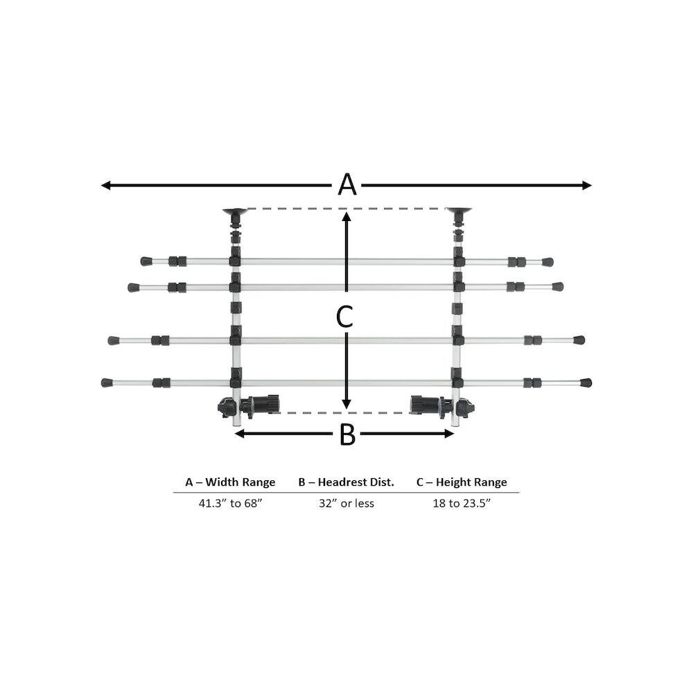 A - Width Range 41.3" to 68"  
B - Headrest Dist. 32" or less  
C - Height Range 18 to 23.5"