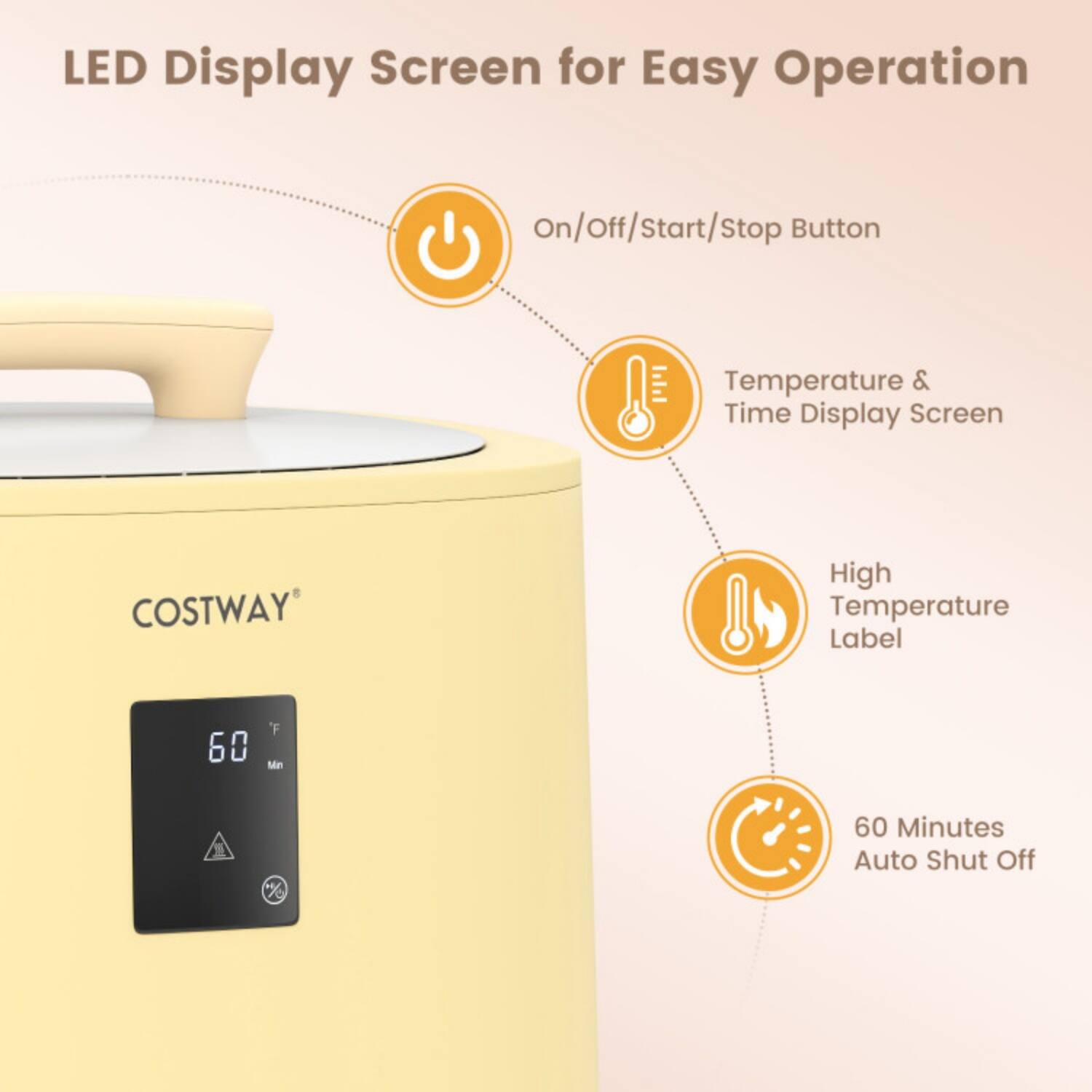 LED Display Screen for Easy Operation  
- On/Off/Start/Stop Button  
- Temperature & Time Display Screen  
- High Temperature Label  
- 60 Minutes Auto Shut Off  

COSTWAY  
60°F  
60 Min