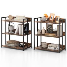 Gymax - 2 PCS 3-Tier Metal Frame Corner Bookcase w/Adjustable Shelves Rustic Brown - Rustic Brown & Black