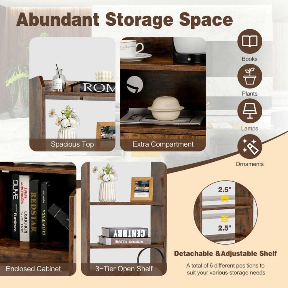 Abundant Storage Space  
Books  
Plants  
Lamps  
Ornaments  
Spacious Top  
Extra Compartment  
Enclosed Cabinet  
3-Tier Open Shelf  
2.5" >> 2.5"  
Detachable & Adjustable Shelf  
A total of 6 different positions to suit your various storage needs