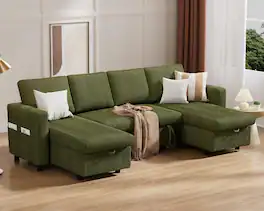 Dyonery - 105" 6 Seat Sleeper Couch with Storage Chaise & USB Ports, U-Shaped Sofa Bed with Pull Out Bed/Reclining Backrest - Green