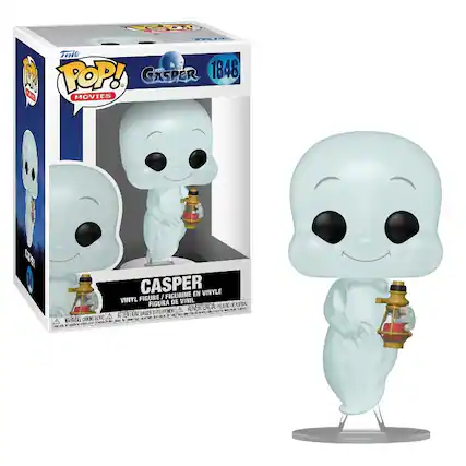 Sure, here is the corrected and grouped text from the image:
---
**Front of the Box:**
- **Top Left Corner:**
- "Funko"
- "POP! MOVIES"
- **Top Right Corner:**
- "CASPER"
- "1846"
- **Main Text:**
- "CASPER"
- "VINYL FIGURE / FIGURINE EN VINYLE / FIGURA DE VINIL / FIGURA DE VINIL"
- **Bottom Warning Label:**
- "WARNING: CHOKING HAZARD - Small parts. Not for children under 3 years."
- "ATTENTION: PELIGRO DE AHOGO - Piezas pequeñas. No apto para menores de 3 años."
- "ADVERTENCIA: PELIGRO DE AHOGO - Piezas pequeñas. No apto para menores de 3 años."
- **Bottom Right Corner:**
- "Funko POP! MOVIES"
- "CASPER"
- "1846"
---
**Side of the Box:**
- "CASPER"
- "VINYL FIGURE / FIGURINE EN VINYLE /
