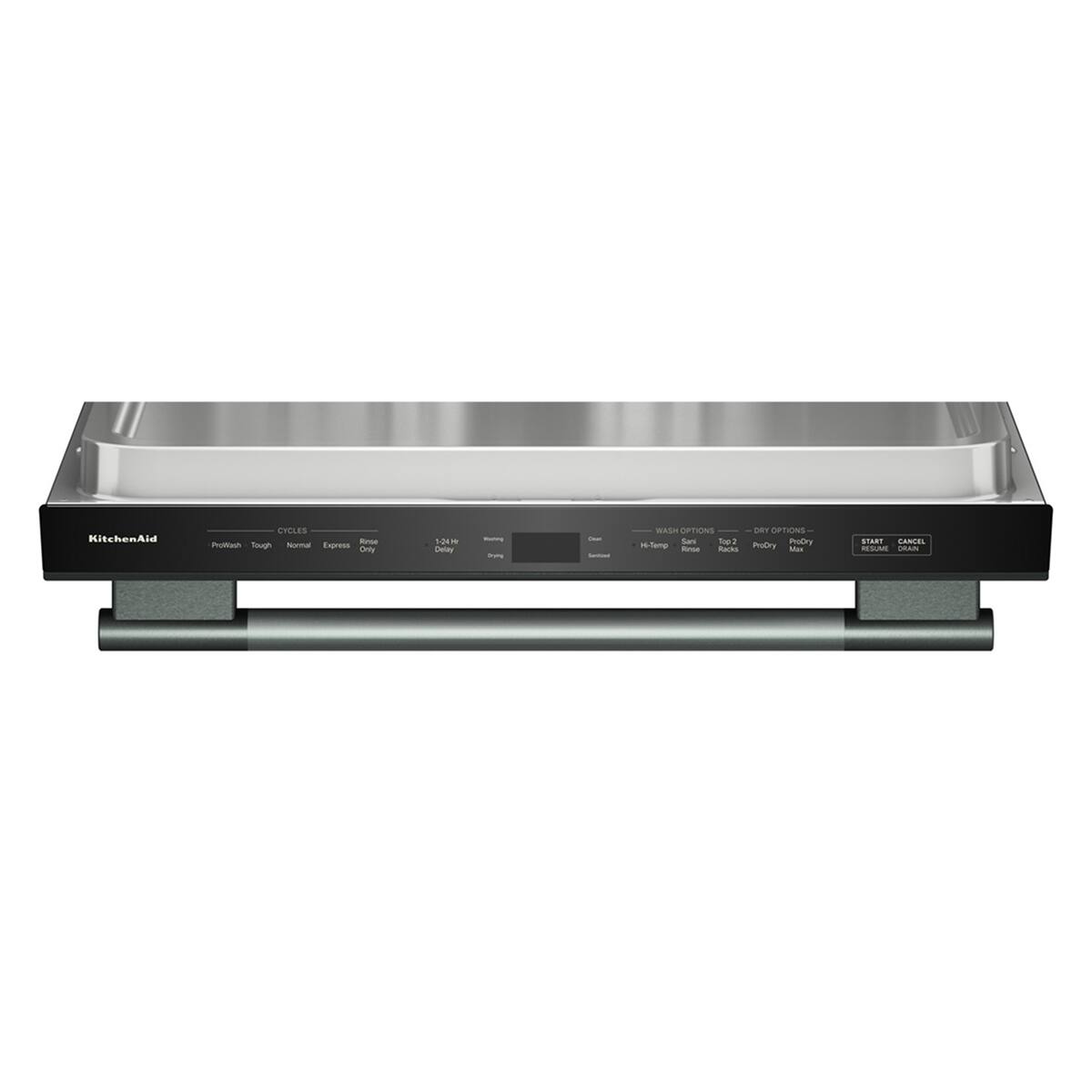 KitchenAid  
CYCLES  
- Bullets, Toasted  
- Extra Heavy  
- Heavy  
- Normal  
- Light  
- Rinse  
- Sanitize  
- Soak  
- Max  
- 1-24  
- H-Temp  
- Racks  
- T ORTIONS  
- ProDry  
- Pubby  

WASH OPTIONS  
- Heavy  
- Top 2  
- ProDry  

DISH OPTIONS  
- Extra  
- ProDry  
- Only  
- Delay  
- Start  
- Cancel  
- Resume  
- Drain