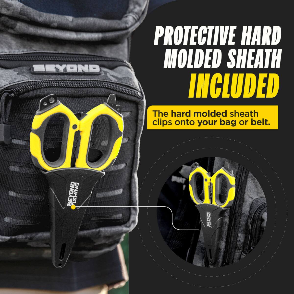 PROTECTIVE HARD MOLDED SHEATH INCLUDED

The hard molded sheath clips onto your bag or belt.

BEYOND FISHING