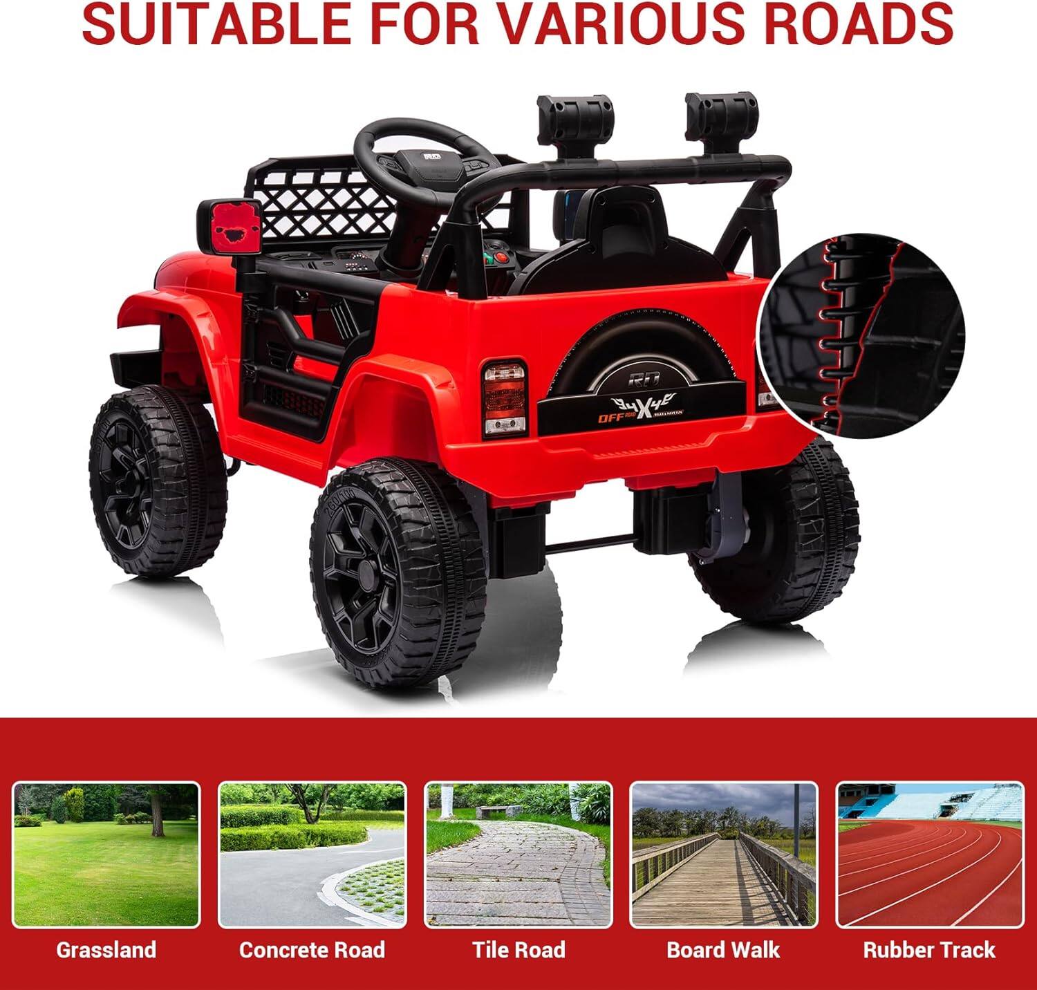 SUITABLE FOR VARIOUS ROADS

- Grassland
- Concrete Road
- Tile Road
- Board Walk
- Rubber Track