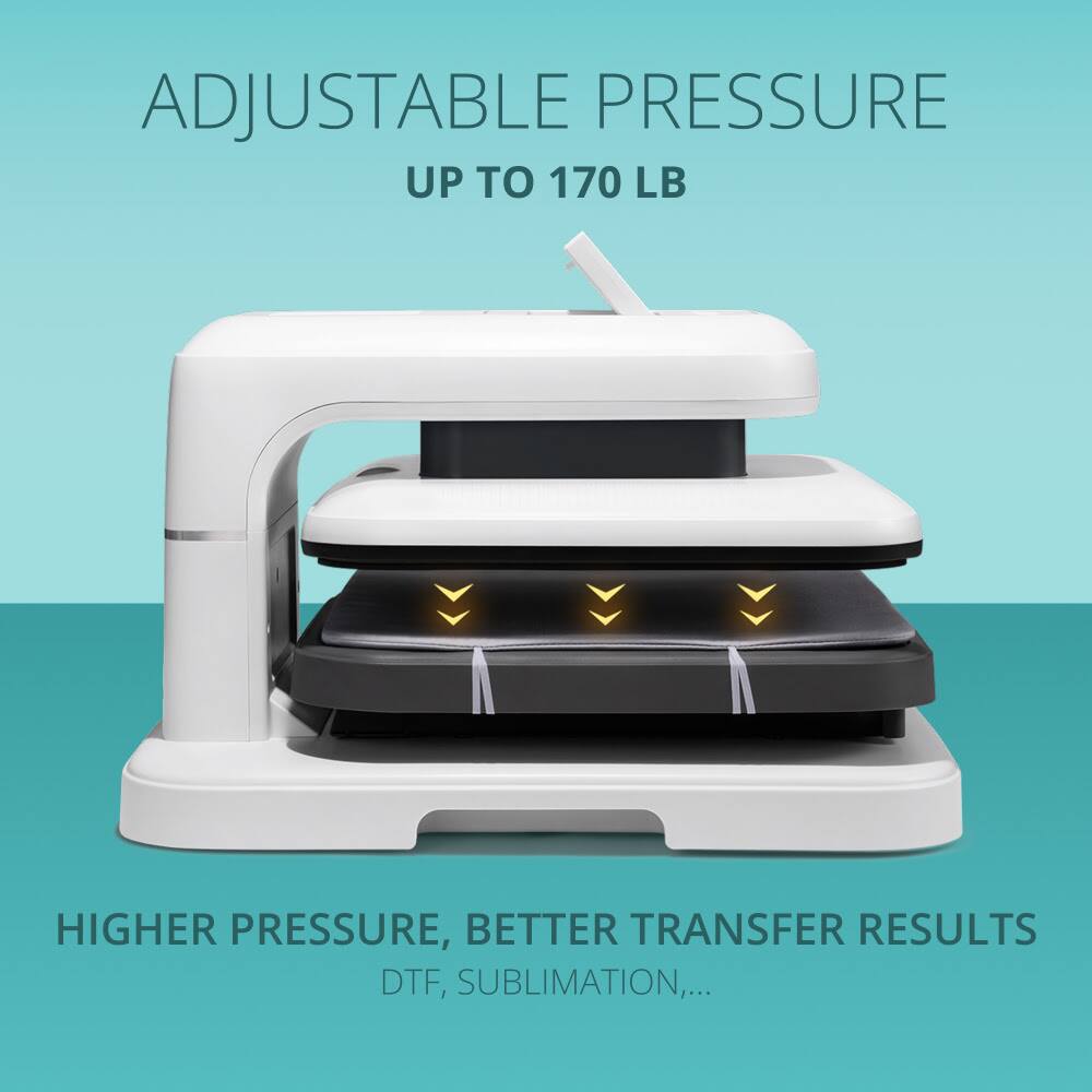 ADJUSTABLE PRESSURE  
UP TO 170 LB  

HIGHER PRESSURE, BETTER TRANSFER RESULTS  
DTF, SUBLIMATION,...