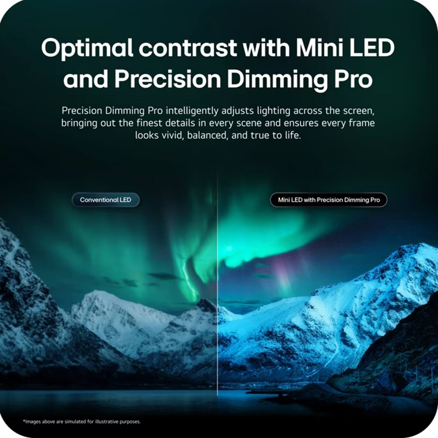 Optimal contrast with Mini LED and Precision Dimming Pro

Precision Dimming Pro intelligently adjusts lighting across the screen, bringing out the finest details in every scene and ensures every frame looks vivid, balanced, and true to life.

Conventional LED

Mini LED with Precision Dimming Pro

*Images above are simulated for illustrative purposes.