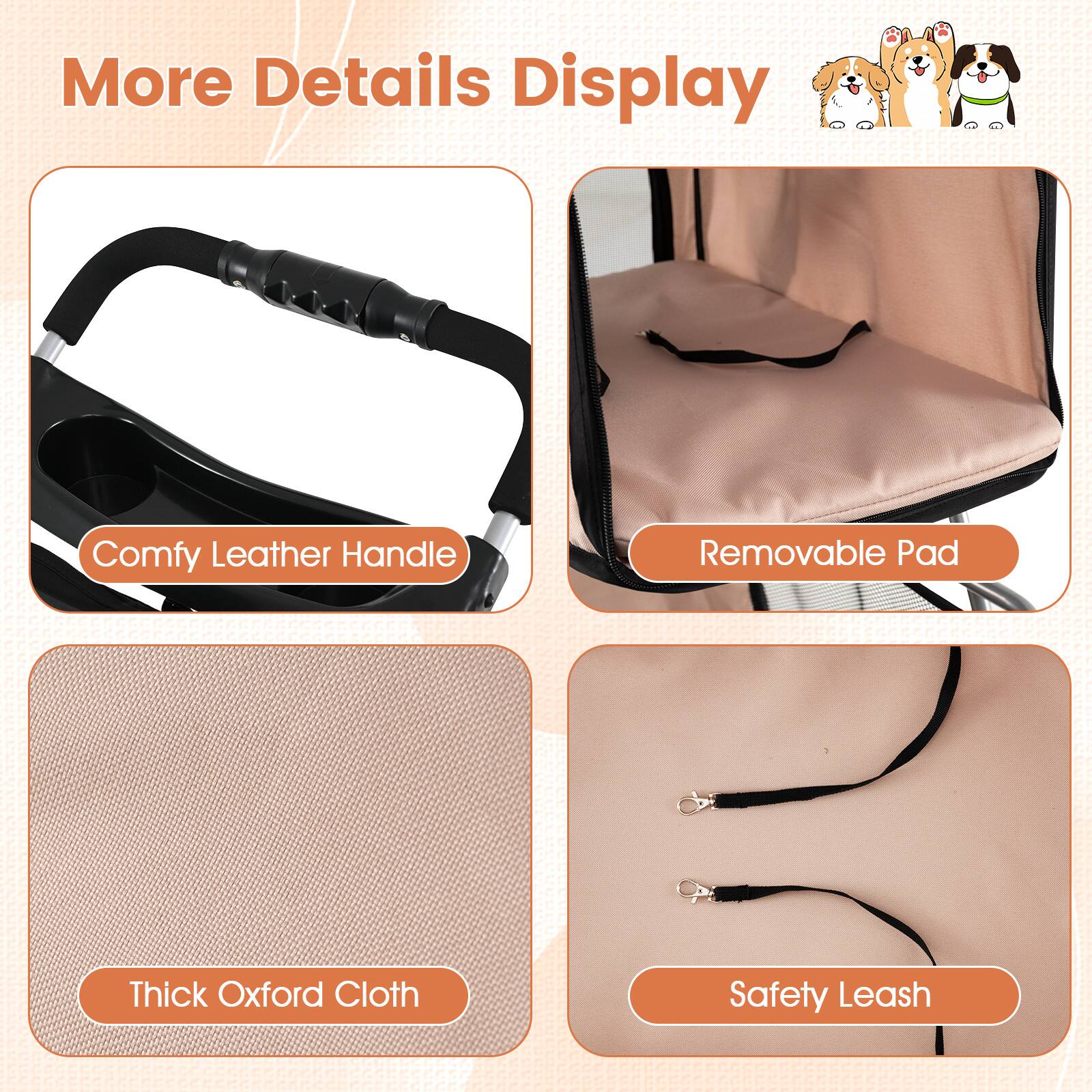 More Details Display

- Comfy Leather Handle
- Removable Pad
- Thick Oxford Cloth
- Safety Leash
