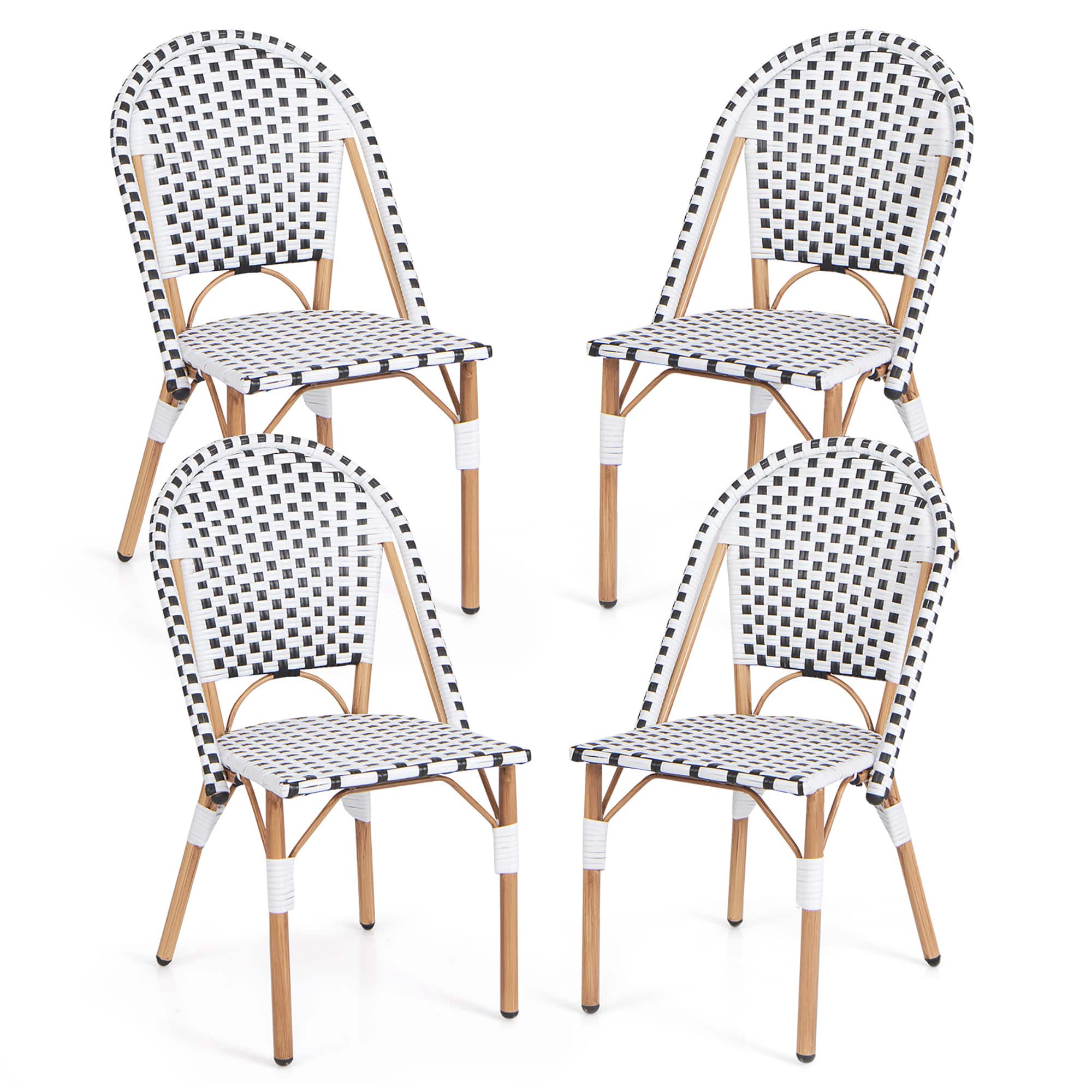 Gymax - French Bistro Chair Set of 4 w/ Hand-woven Rattan Galvanized Metal Frame Outdoor - White, Black, Natural