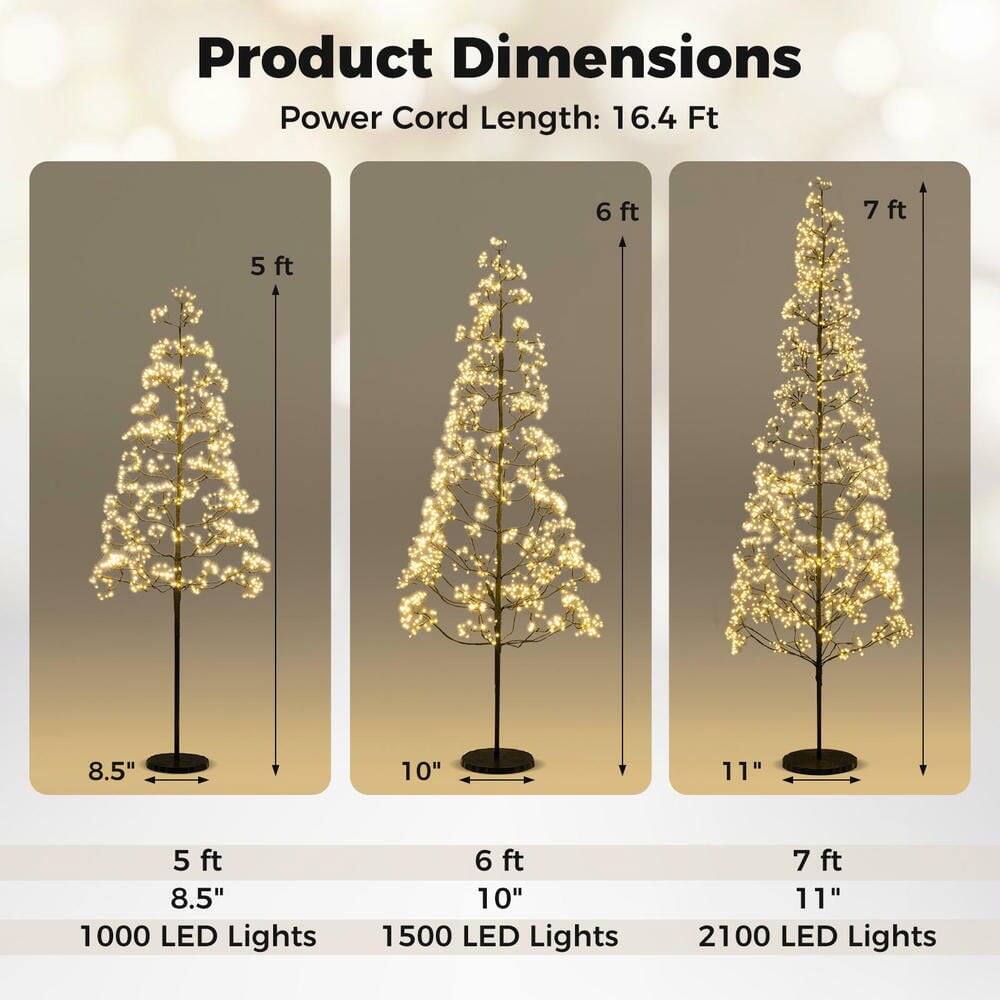 Product Dimensions  
Power Cord Length: 16.4 Ft  

- 5 ft  
  - 8.5"  
  - 1000 LED Lights  

- 6 ft  
  - 10"  
  - 1500 LED Lights  

- 7 ft  
  - 11"  
  - 2100 LED Lights