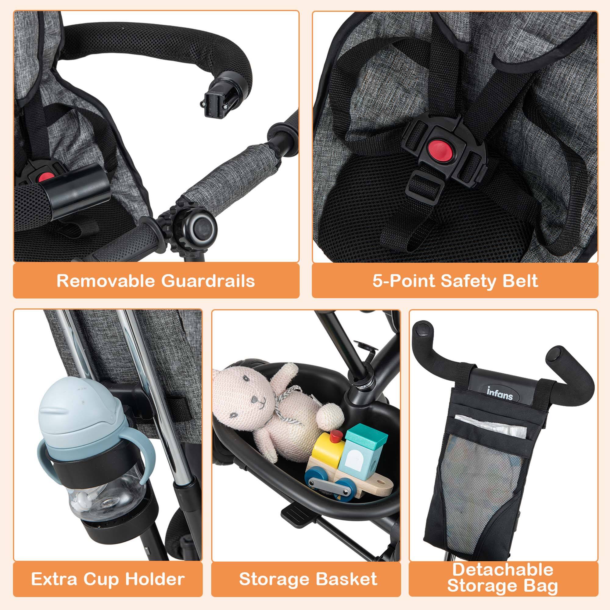 - Removable Guardrails
- 5-Point Safety Belt
- Extra Cup Holder
- Storage Basket
- Detachable Storage Bag