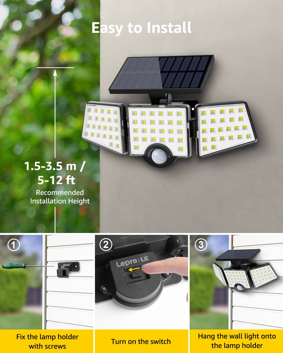 Alt View 5. Lepro - 1000LM LED Solar Flood Lights, Motion Sensor, Waterproof Wireless Solar Outdoor Wall Lights for Yard Garage Pathway.