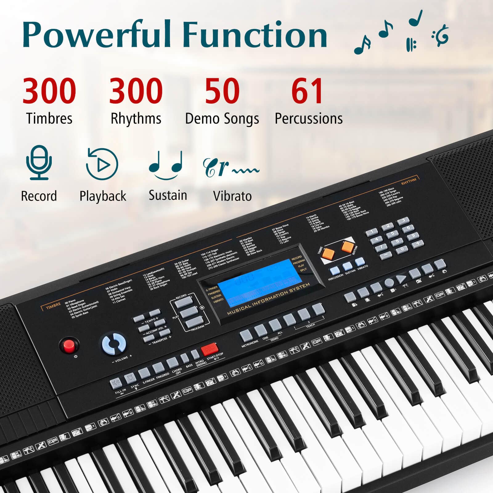 Powerful Function
300 Timbres
300 Rhythms
50 Demo Songs
61 Percussions
Record
Playback
Sustain
Vibrato
TIMBRE
MUSICAL TUNIS
INFORMATION SYSTEM