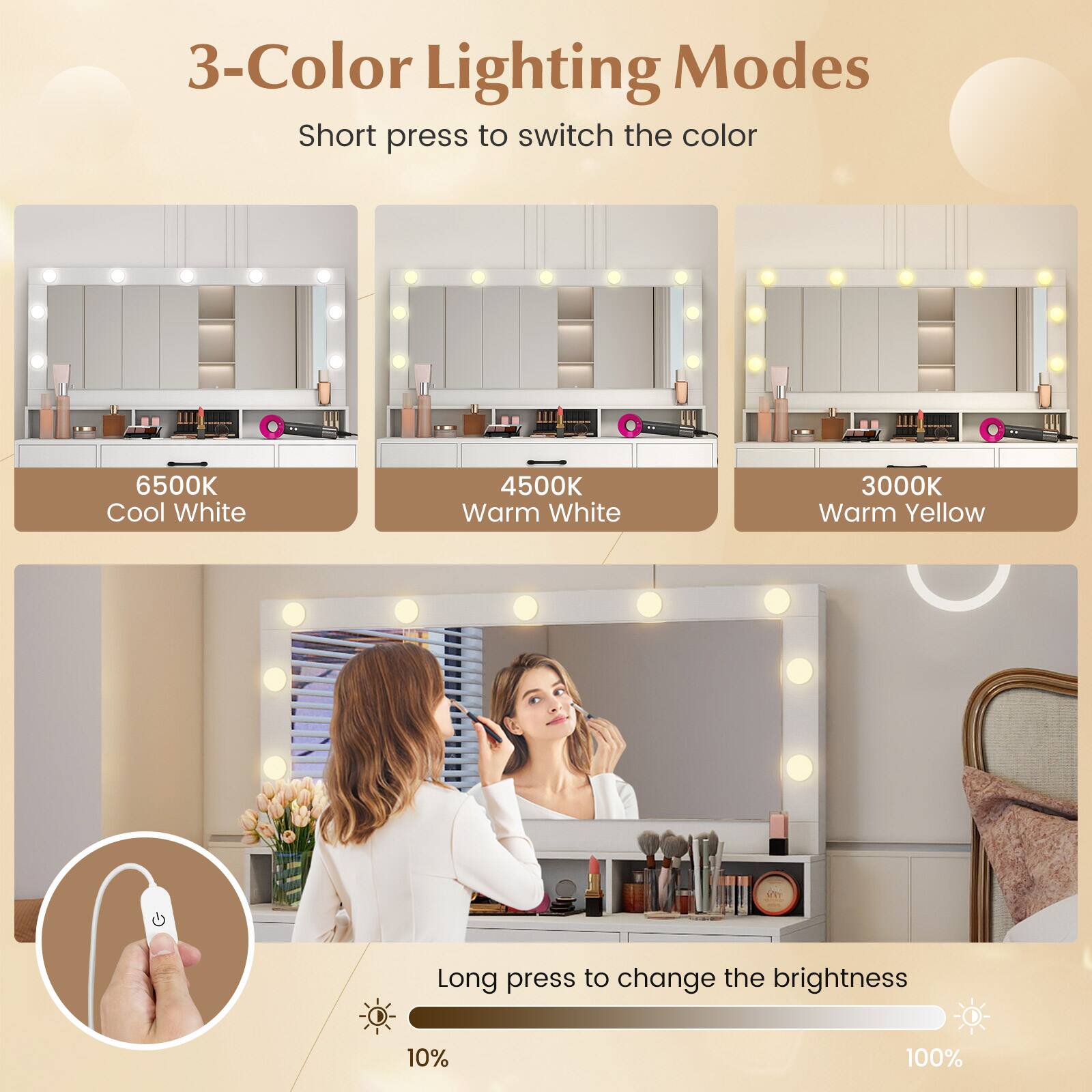 3-Color Lighting Modes  
Short press to switch the color  
6500K Cool White  
4500K Warm White  
3000K Warm Yellow  

Long press to change the brightness  
10%  
100%