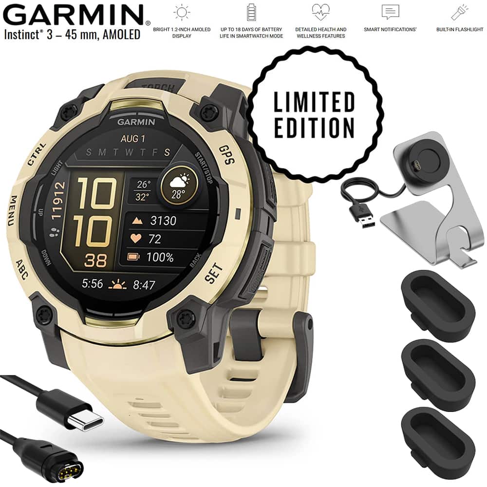 Garmin - Instinct 3 GPS Smartwatch 45 mm AMOLED + Charging Dock & Extra Cable Bundle - Citrine with Citrine Band - (2026)