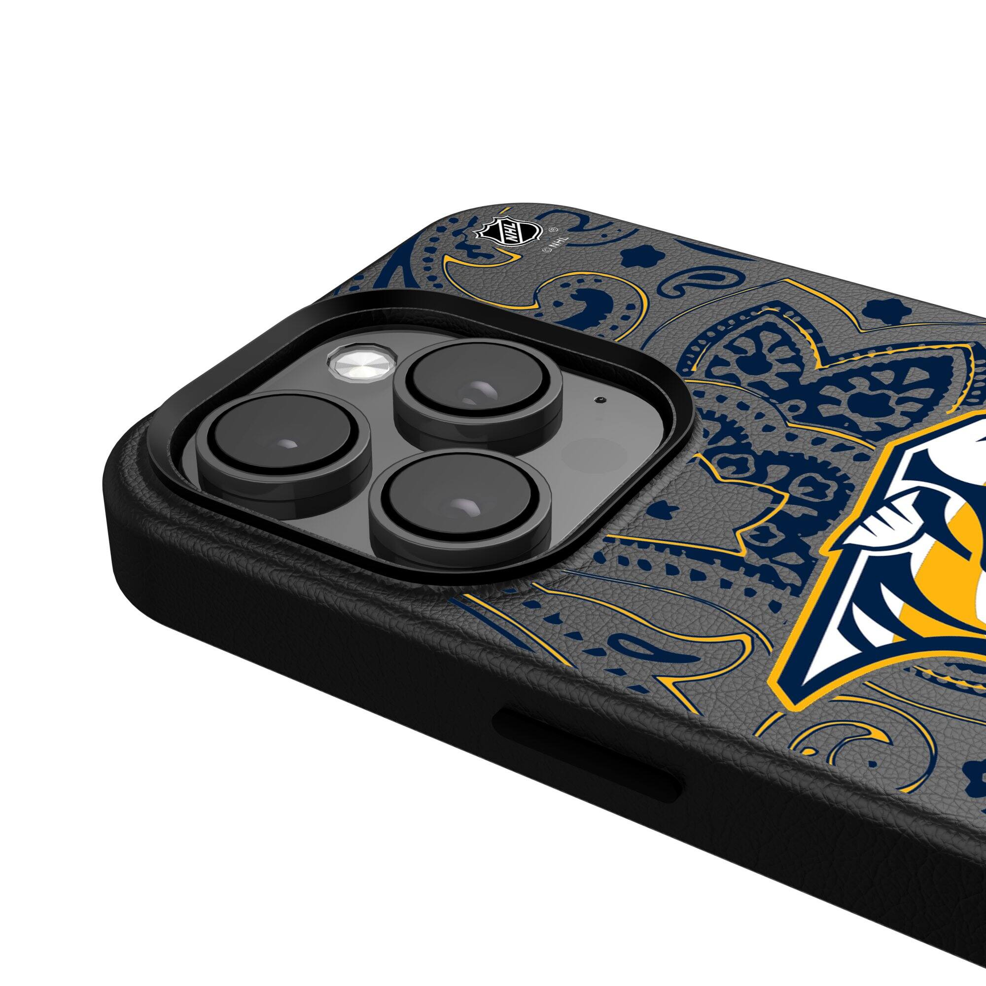 Alt View 3. Keyscaper - Black Nashville Predators Paisley iPhone Magnetic Bump Case - 16 Plus - Black.
