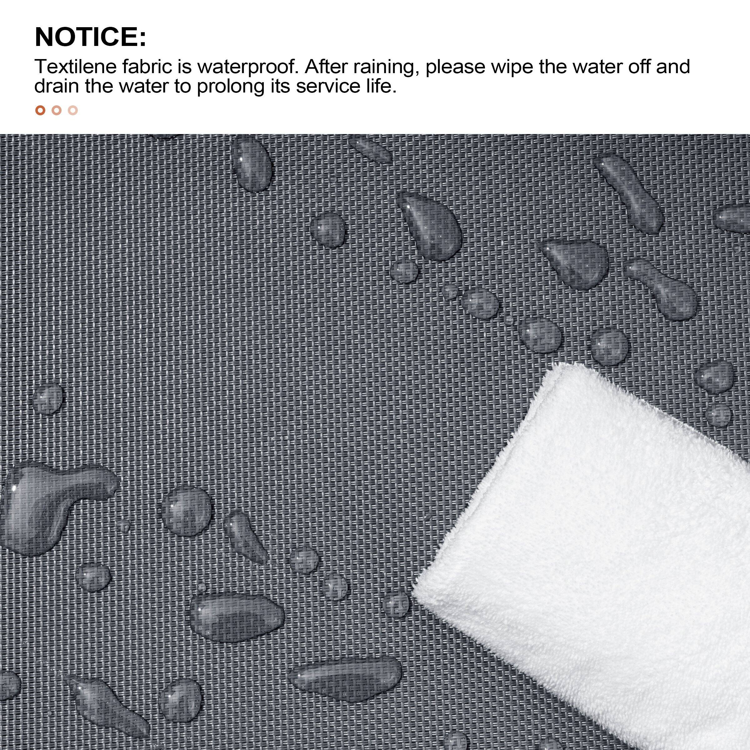 NOTICE:  
Textilene fabric is waterproof. After raining, please wipe the water off and drain the water to prolong its service life.