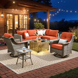 Ovios - 8 PCS Patio Furniture Set Outdoor Sectional Sofa Couch Swivel Chairs with Solar Coffee Table - Orange Red