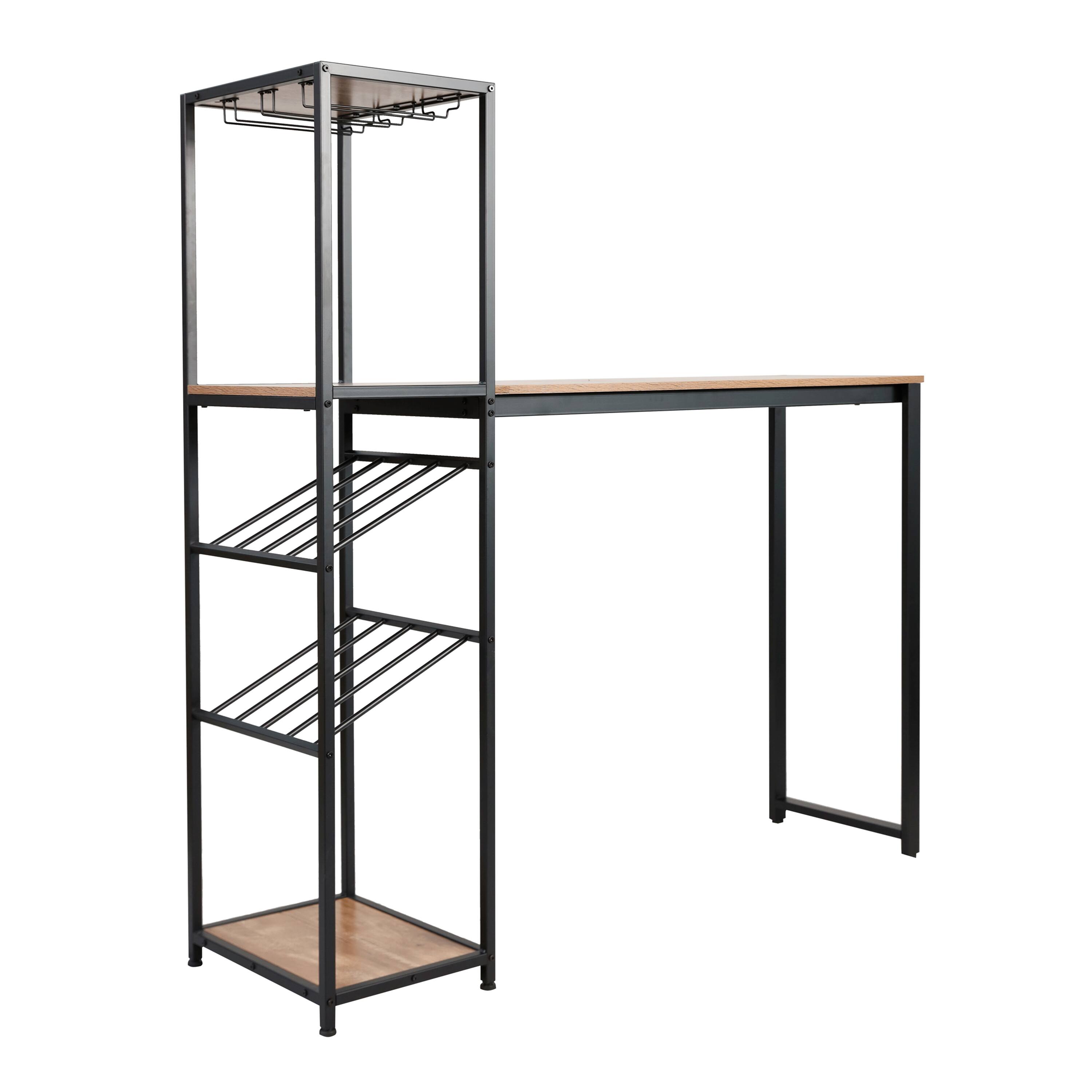 Alt View 1. Emma + Oliver - Modern Freestanding Metal Bar Table with Bottle and Stemware Storage - Light Brown Top/Black Frame.
