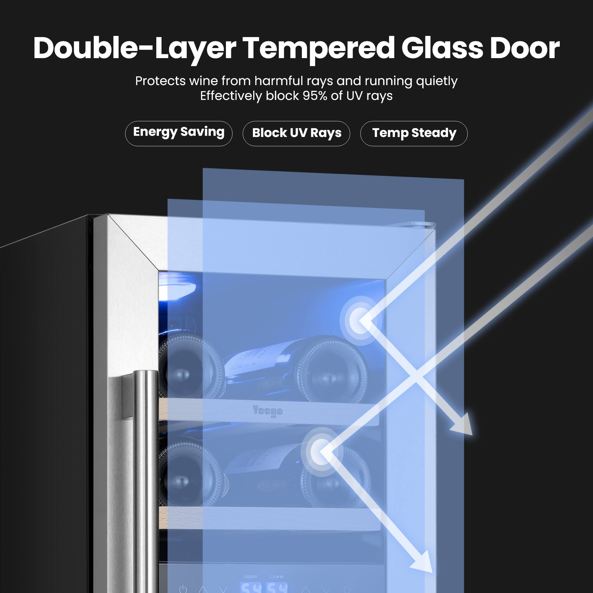 Double-Layer Tempered Glass Door  
Protects wine from harmful rays and running quietly  
Effectively block 95% of UV rays  

Energy Saving  
Block UV Rays  
Temp Steady
