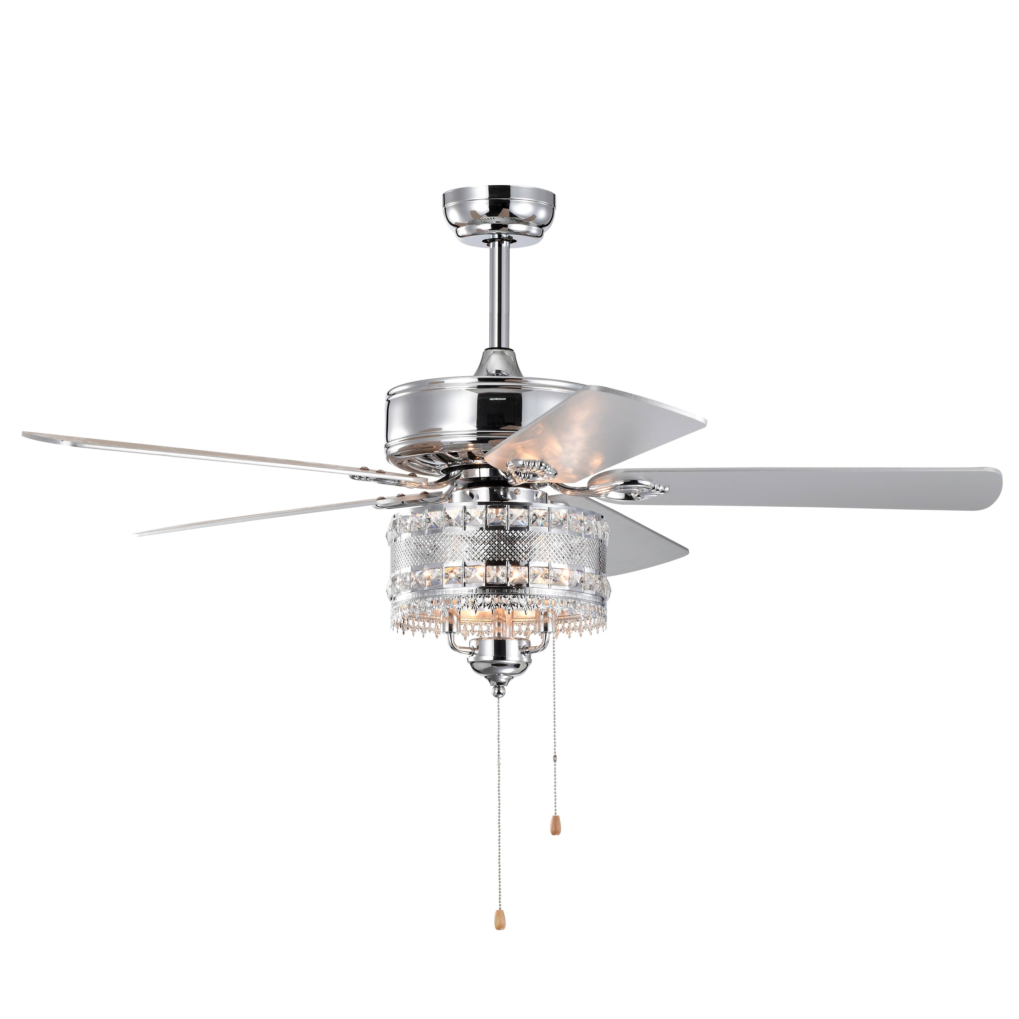 APRILSOUL - 52 inch Classical Crystal Ceiling Fan Lamp 5 Reversible Blades for Living Room Dining Room Bedroom - Chrome
