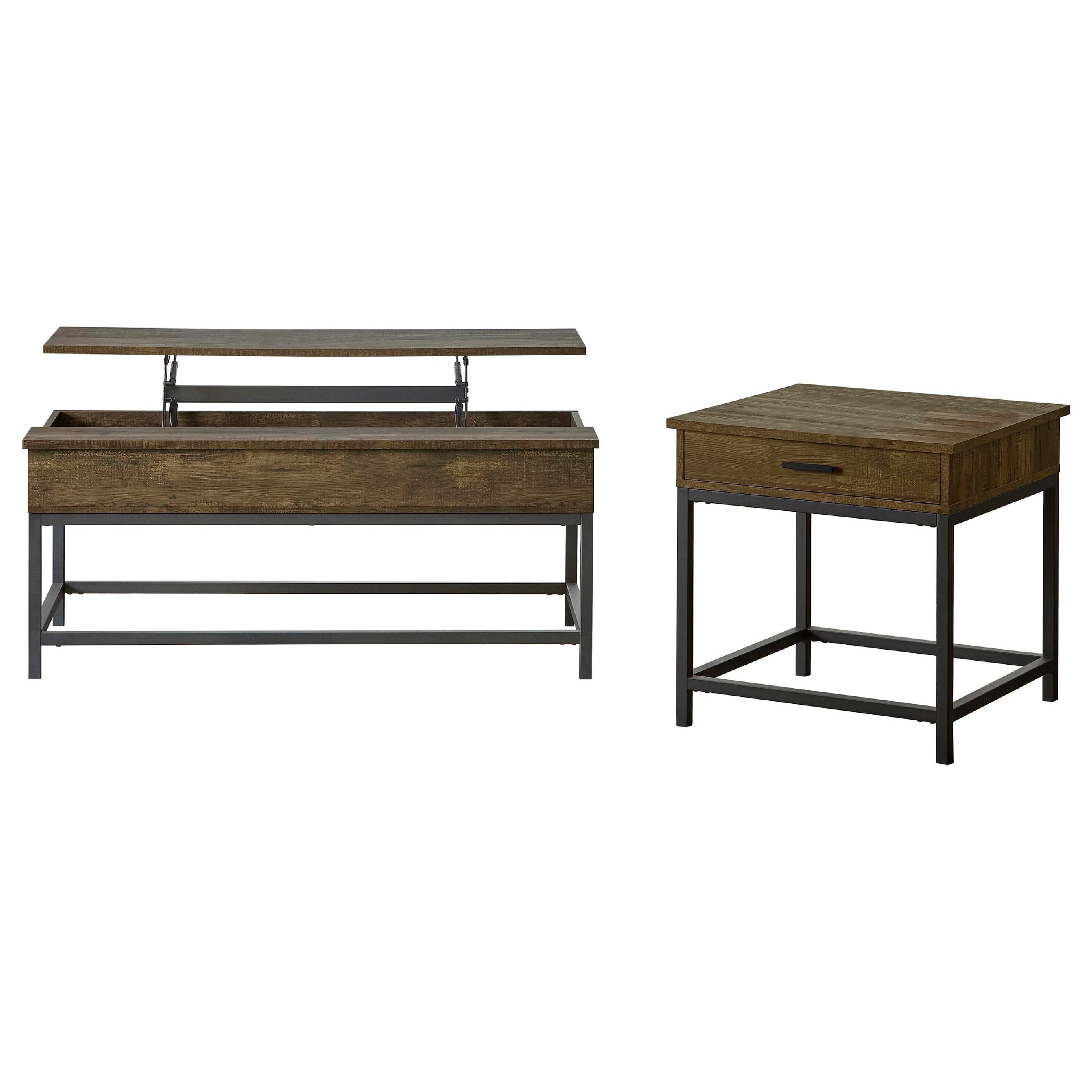Front. Manhattan Lane - Mecy 2pc Coffee and Side End Table Set, Oak Brown Top, Metal - Oak Brown, Black.