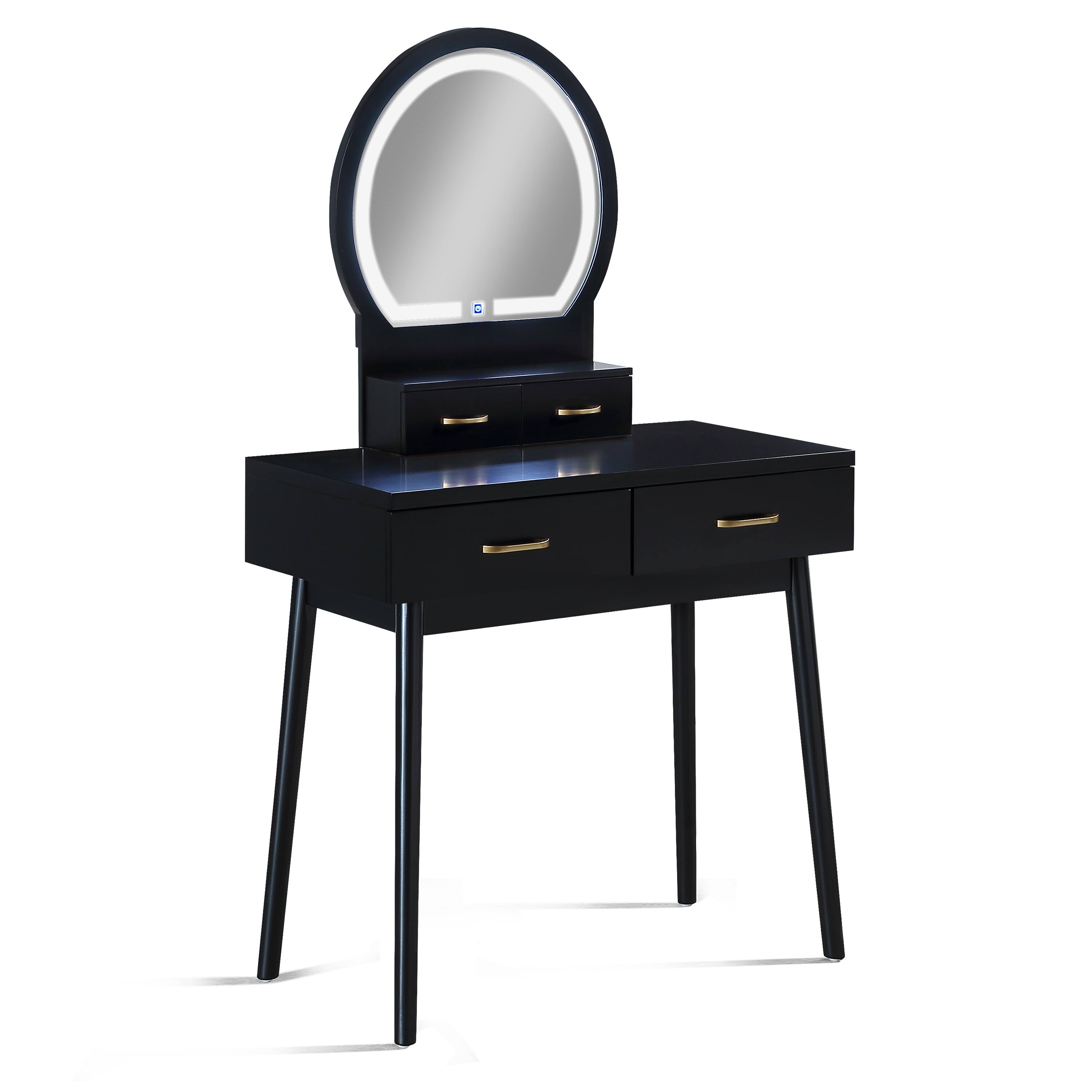 Left. APRILSOUL - 3pc Vanity Table and Stool Set Built-in Led-lit Mirror Matching Cushioned Stool Gold-accented Handles Black - Black.