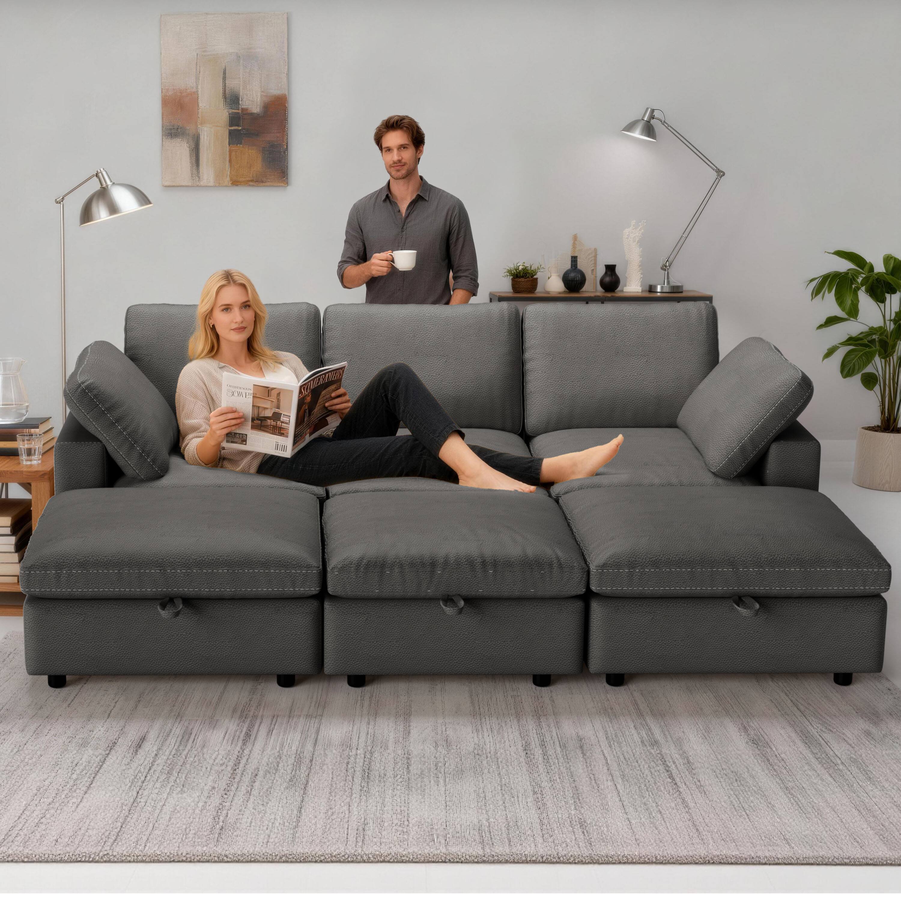 Left. Dyonery - Dyonery modern cat-scratch leather sofa, a three-seater sofa with three storage footrests, can be flexibly combined - Grey.