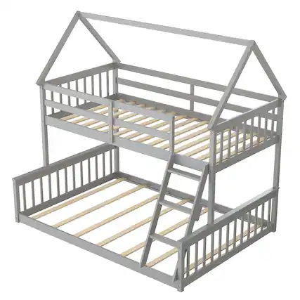 Front. Costway - Costway Twin Over Full House Bunk Bed with Ladder & Guardrails Convertible to 2 Beds - Grey.